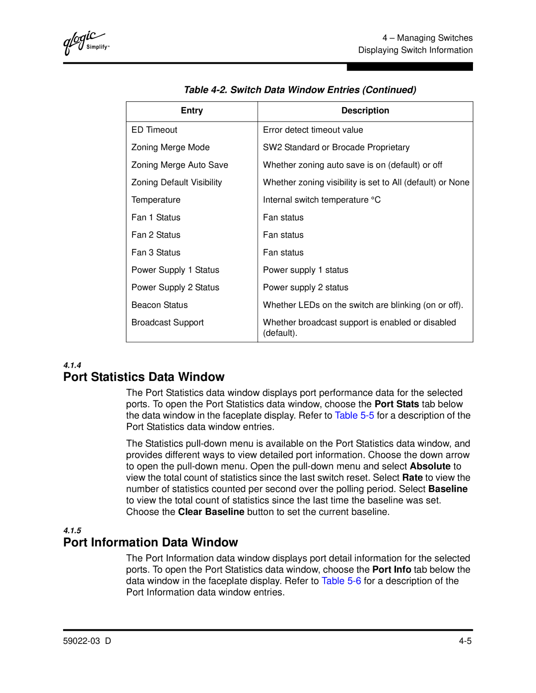 Q-Logic 59022-03 D manual Port Statistics Data Window, Port Information Data Window 