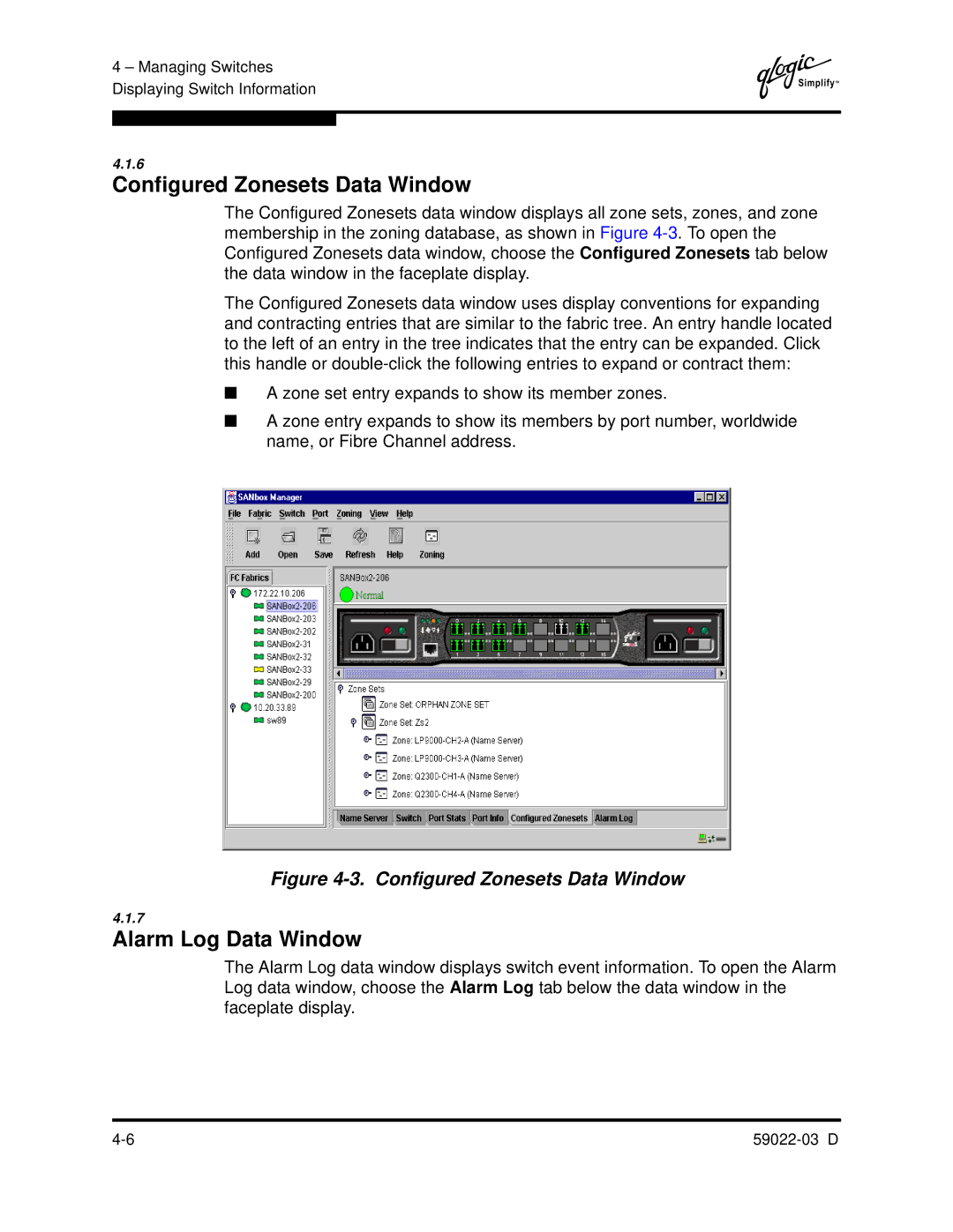 Q-Logic 59022-03 D manual Configured Zonesets Data Window, Alarm Log Data Window 