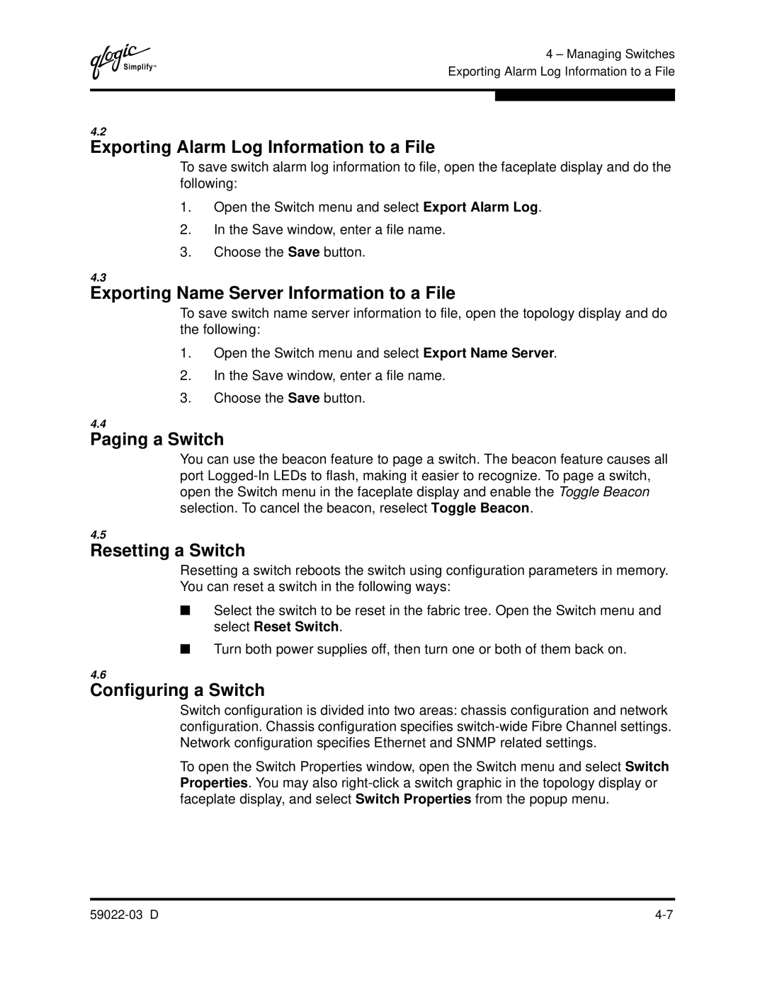 Q-Logic 59022-03 D Exporting Alarm Log Information to a File, Exporting Name Server Information to a File, Paging a Switch 