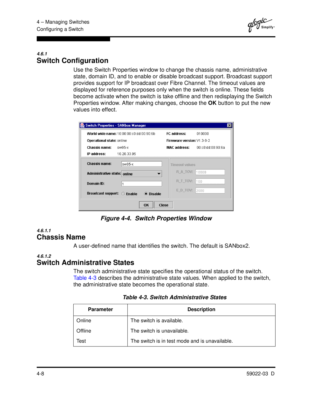 Q-Logic 59022-03 D manual Switch Configuration, Chassis Name, Switch Administrative States 