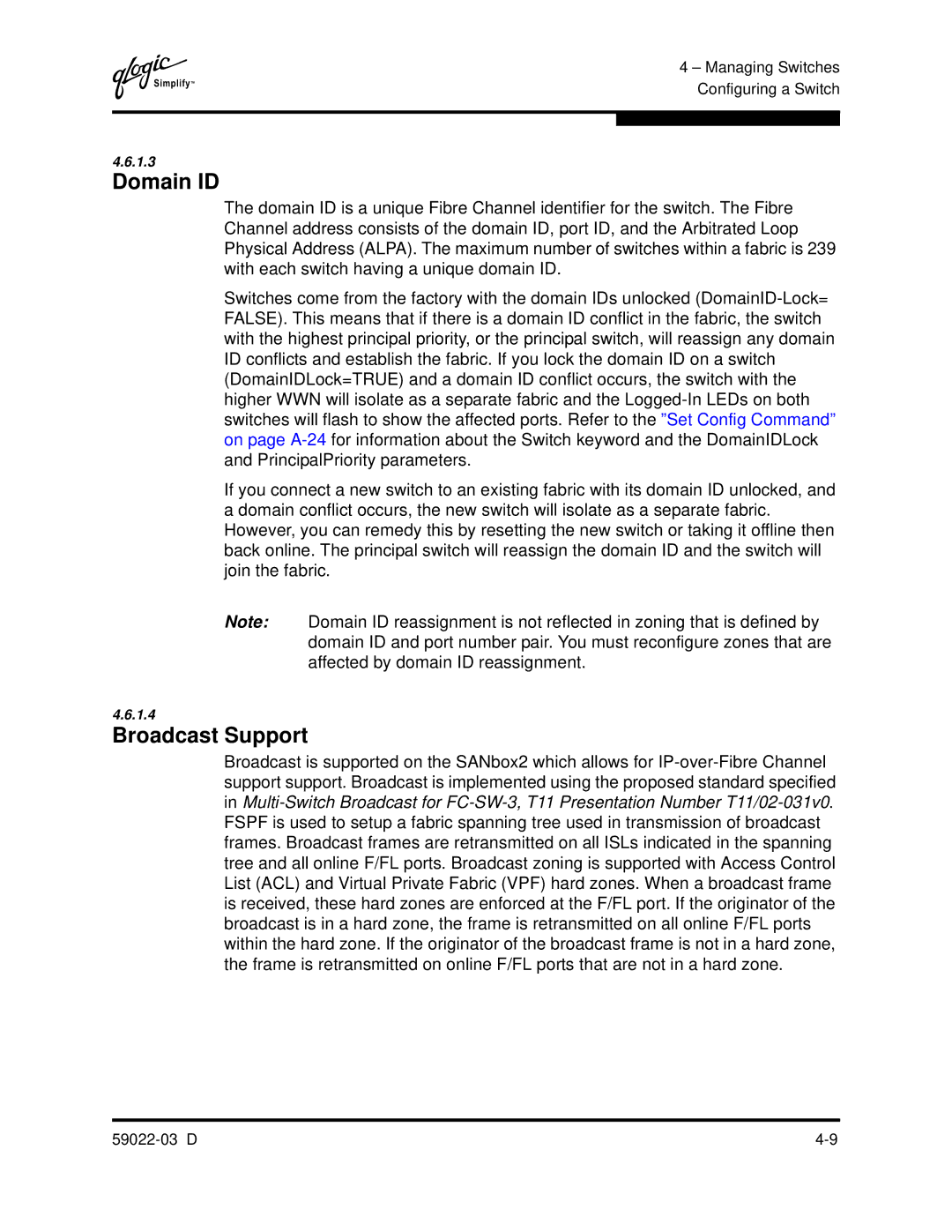 Q-Logic 59022-03 D manual Domain ID, Broadcast Support 