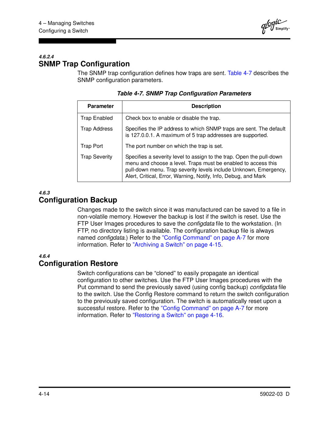 Q-Logic 59022-03 D manual Snmp Trap Configuration, Configuration Backup, Configuration Restore 