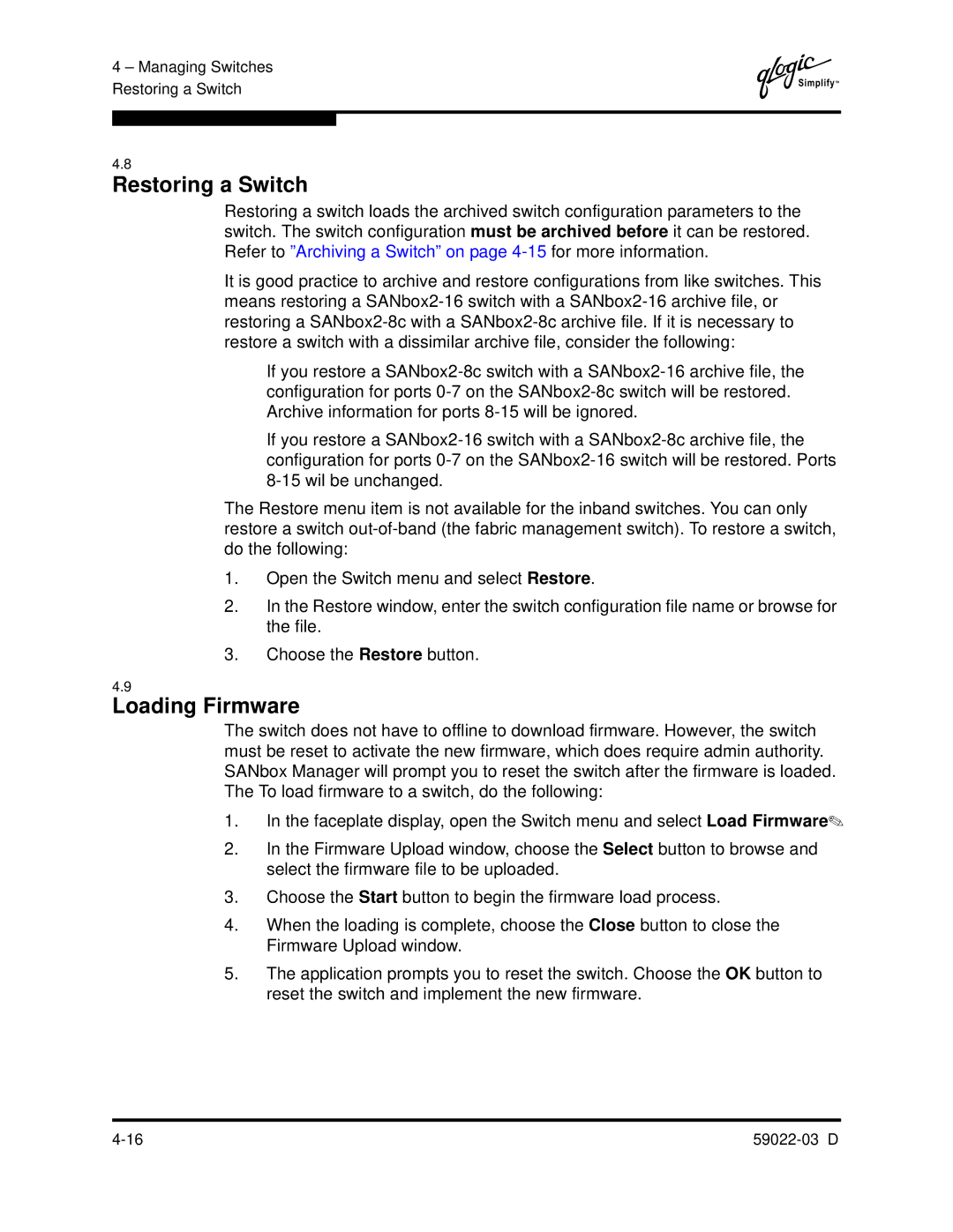 Q-Logic 59022-03 D manual Restoring a Switch, Loading Firmware 