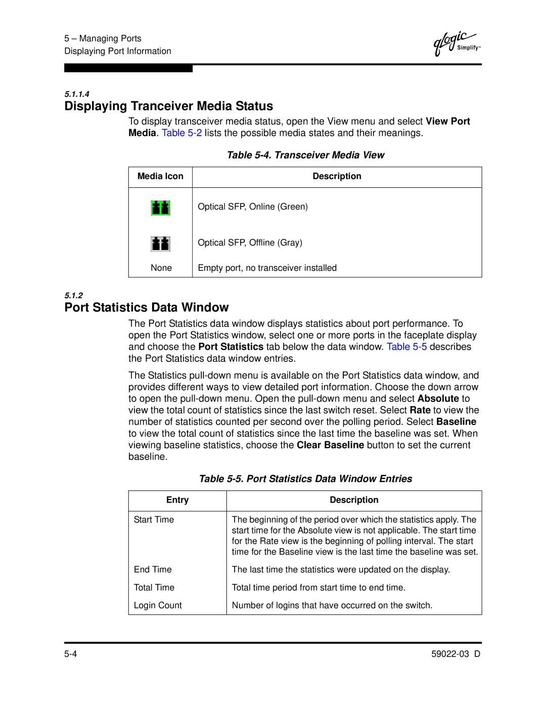 Q-Logic 59022-03 D manual Displaying Tranceiver Media Status, Transceiver Media View, Port Statistics Data Window Entries 