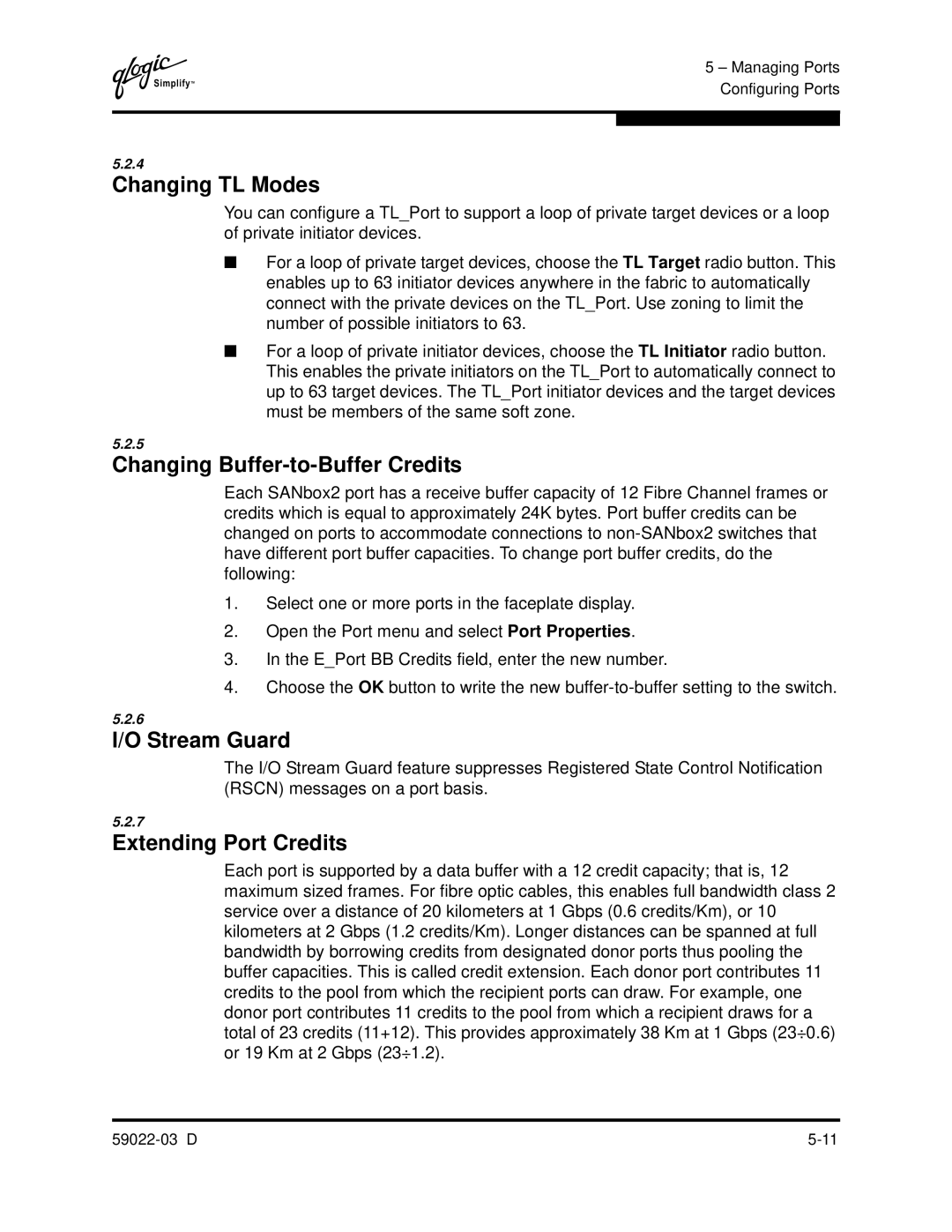 Q-Logic 59022-03 D manual Changing TL Modes, Changing Buffer-to-Buffer Credits, Stream Guard, Extending Port Credits 