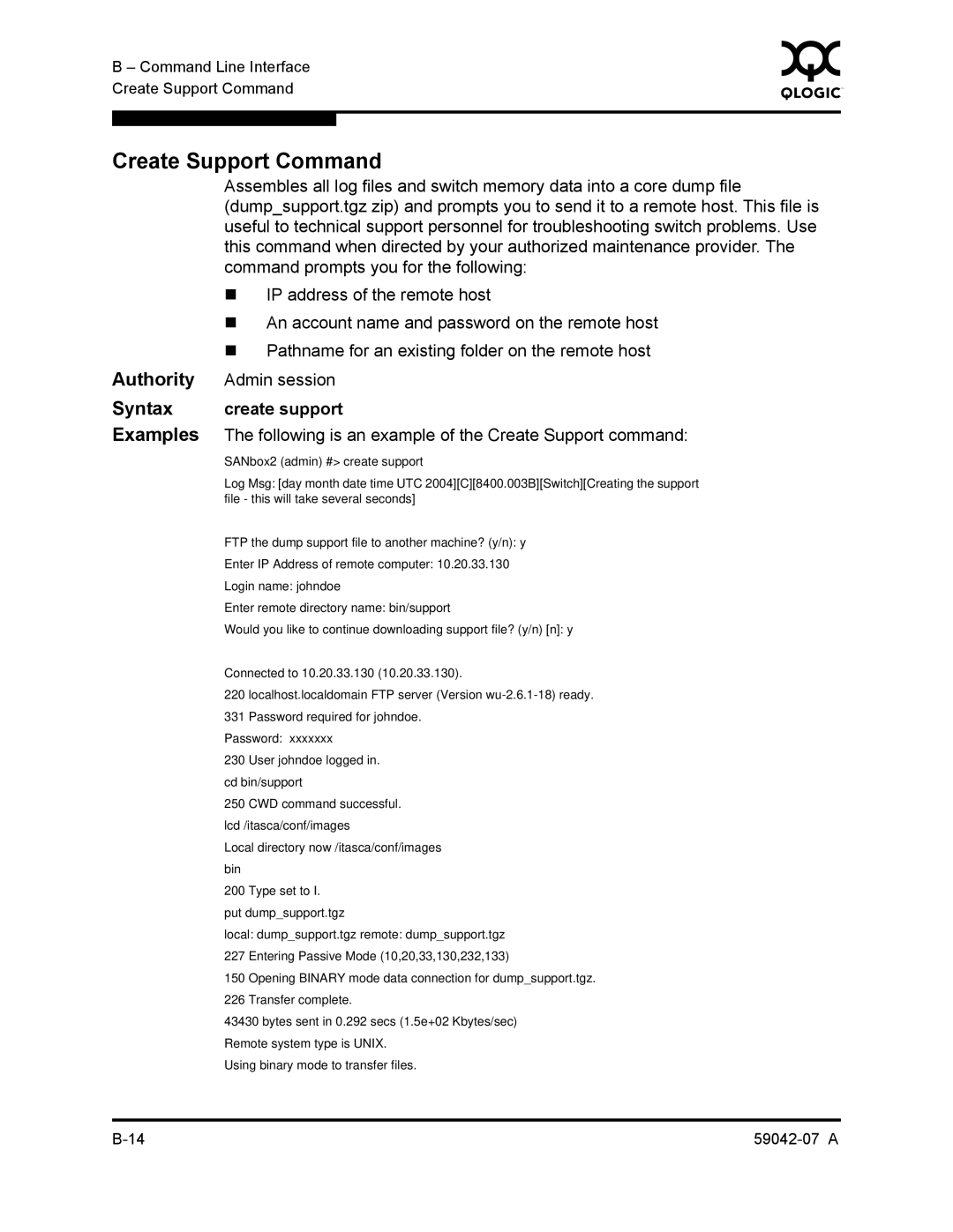 Q-Logic 59042-07 A manual Create Support Command, Admin session, Create support 