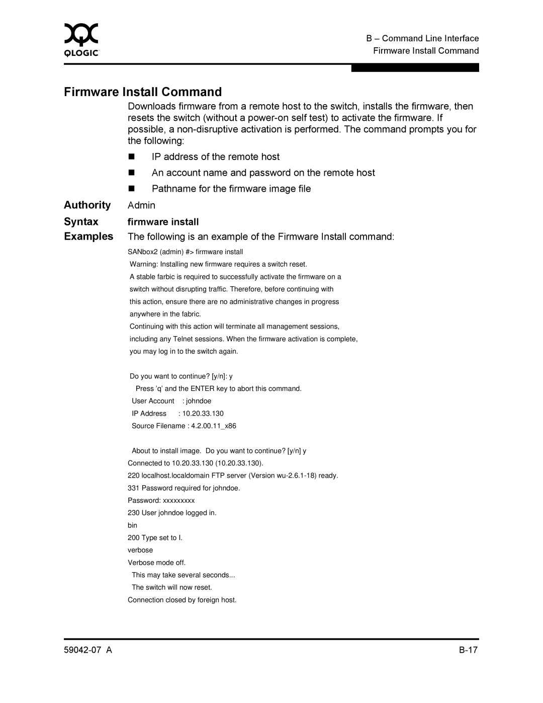 Q-Logic 59042-07 A manual Firmware Install Command, Authority Admin, Syntax firmware install 