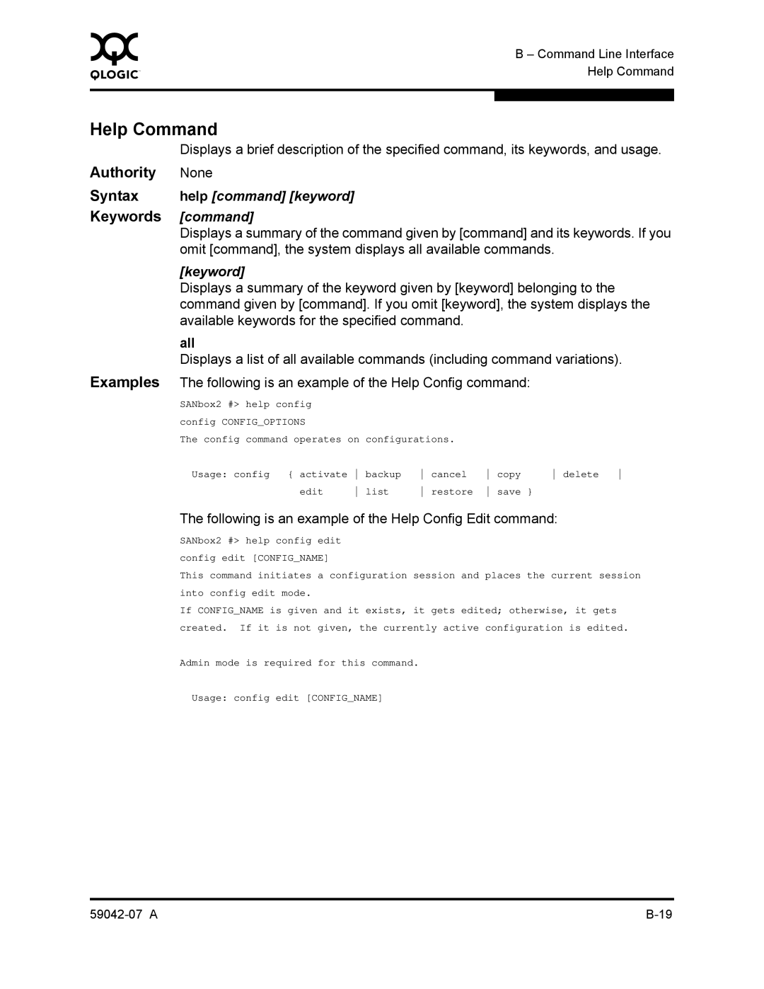 Q-Logic 59042-07 A manual Help Command, Authority None, Keywords command, Syntax help command keyword 