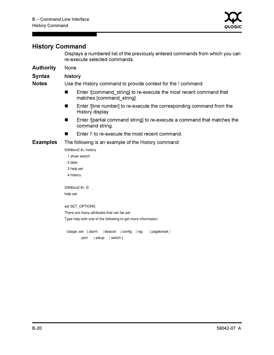 Q-Logic 59042-07 A manual History Command, Authority None Syntax history 