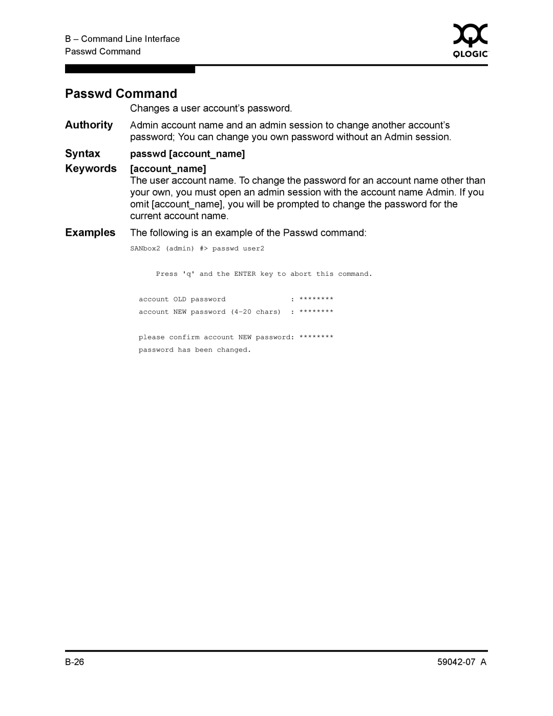 Q-Logic 59042-07 A manual Passwd Command, Syntax passwd accountname Keywords accountname 