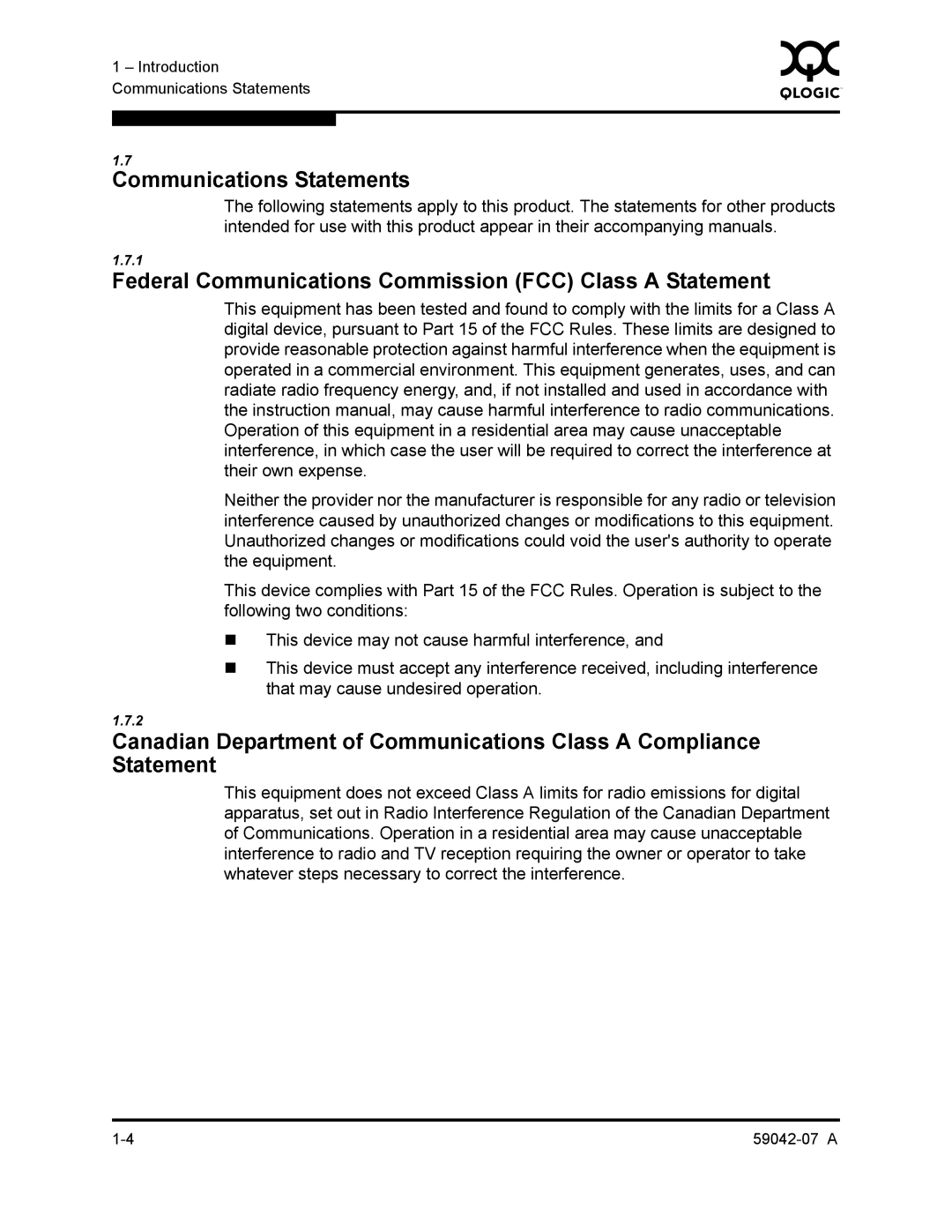 Q-Logic 59042-07 A manual Communications Statements, Federal Communications Commission FCC Class a Statement 