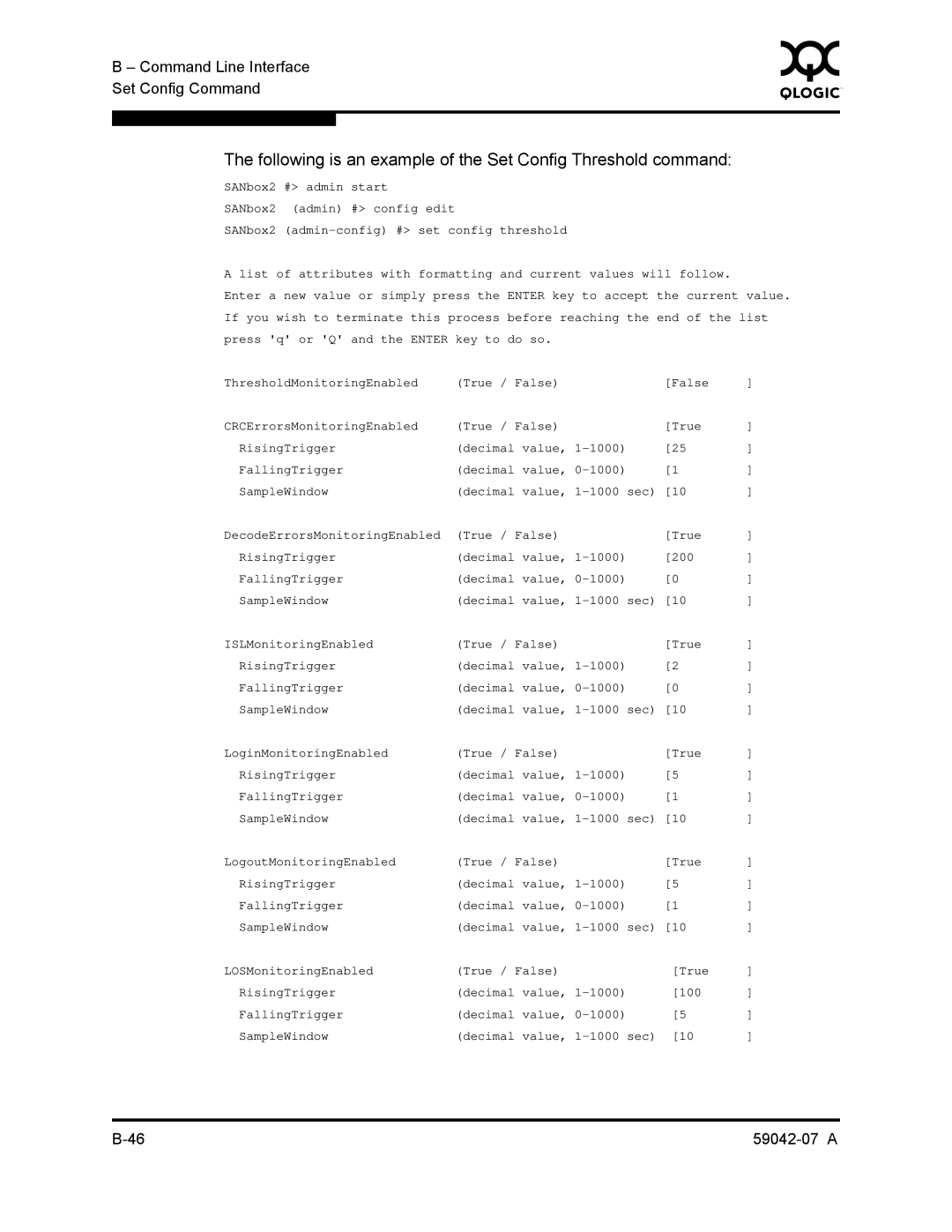 Q-Logic 59042-07 A manual Following is an example of the Set Config Threshold command 