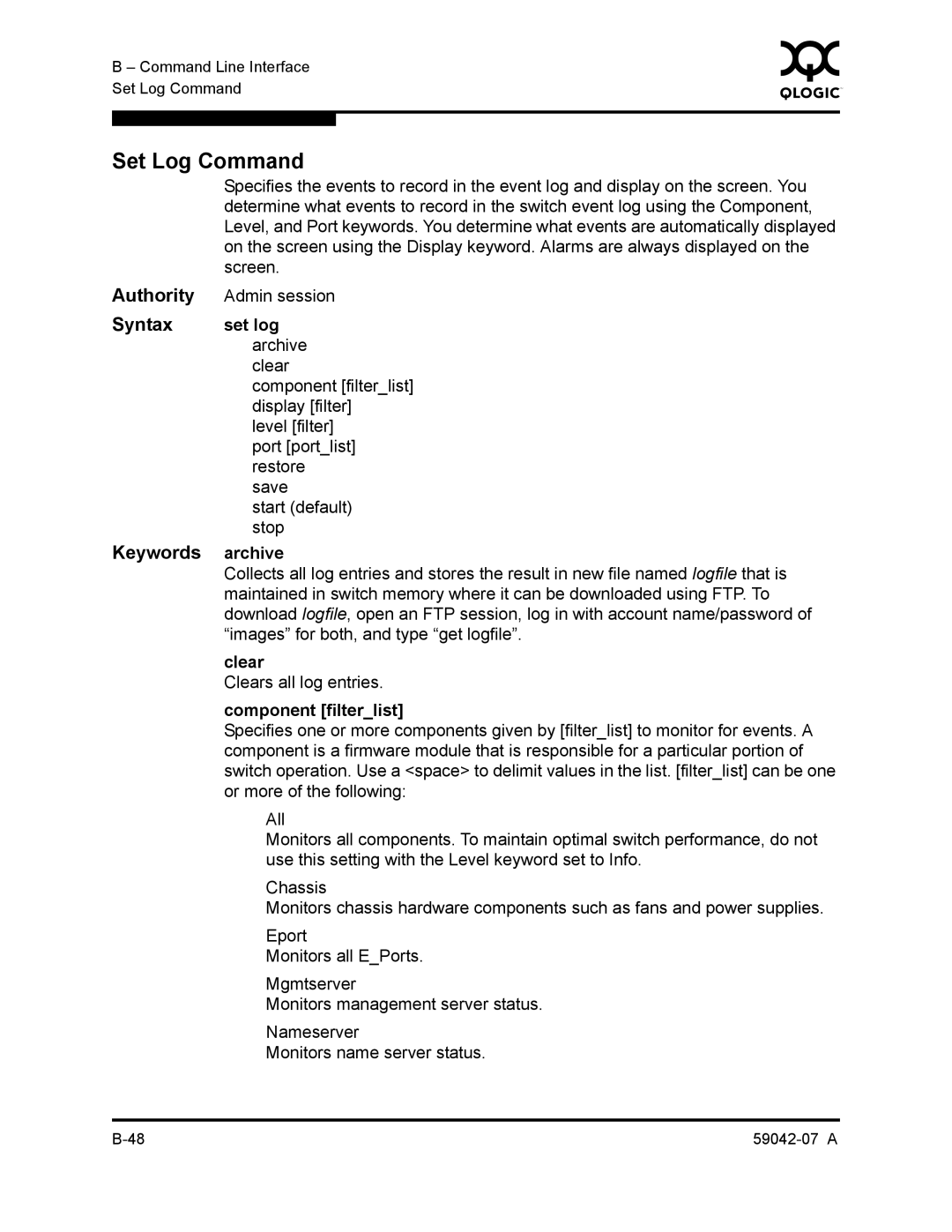 Q-Logic 59042-07 A manual Set Log Command, Set log, Archive, Clear, Component filterlist 