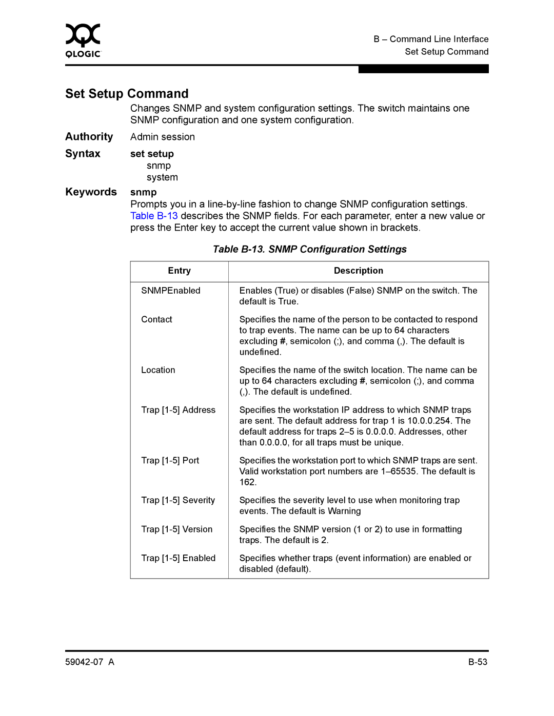 Q-Logic 59042-07 A manual Set Setup Command, Set setup, Snmp System, Table B-13. Snmp Configuration Settings 