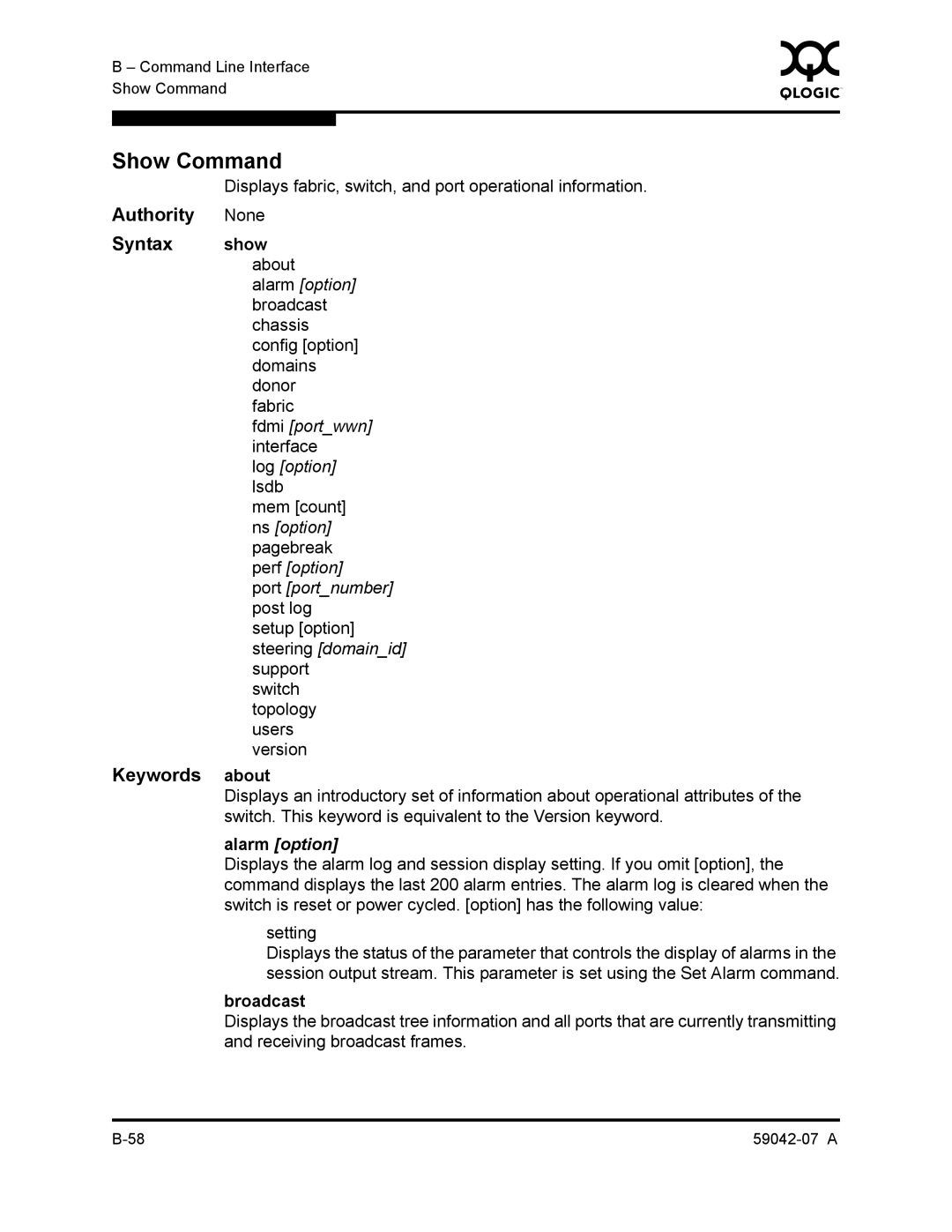 Q-Logic 59042-07 A manual Show Command, Keywords about, Alarm option, Broadcast 