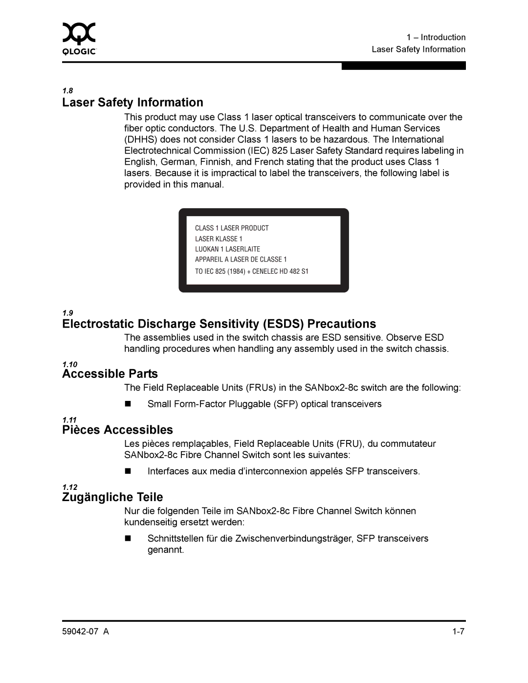 Q-Logic 59042-07 A manual Laser Safety Information, Electrostatic Discharge Sensitivity Esds Precautions, Accessible Parts 