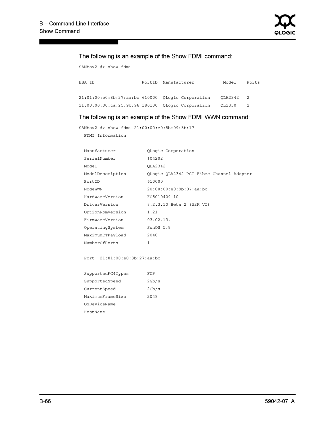 Q-Logic 59042-07 A Following is an example of the Show Fdmi command, Following is an example of the Show Fdmi WWN command 