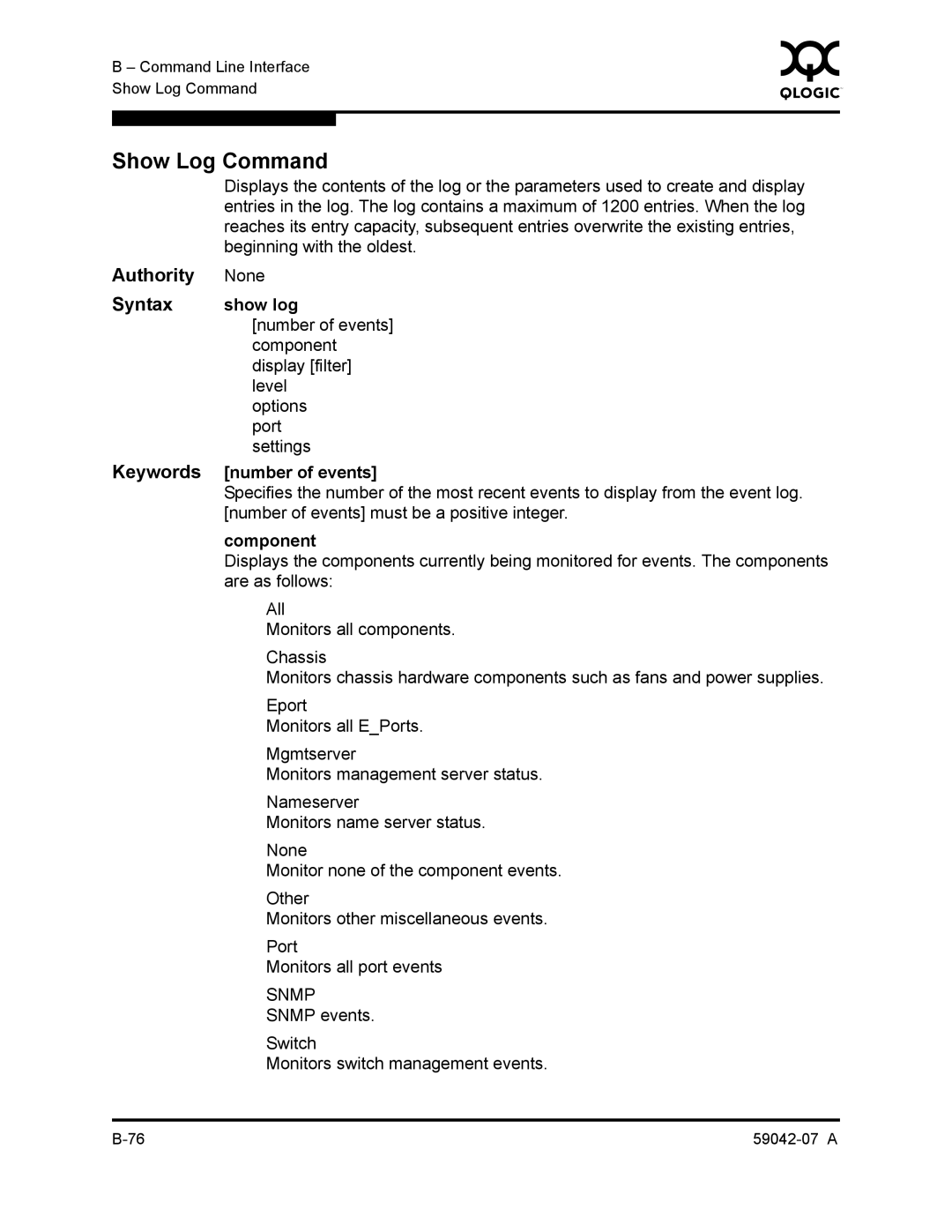 Q-Logic 59042-07 A manual Show Log Command, Show log, Number of events, Component 