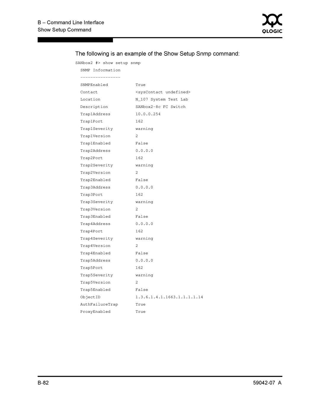 Q-Logic 59042-07 A manual Following is an example of the Show Setup Snmp command 