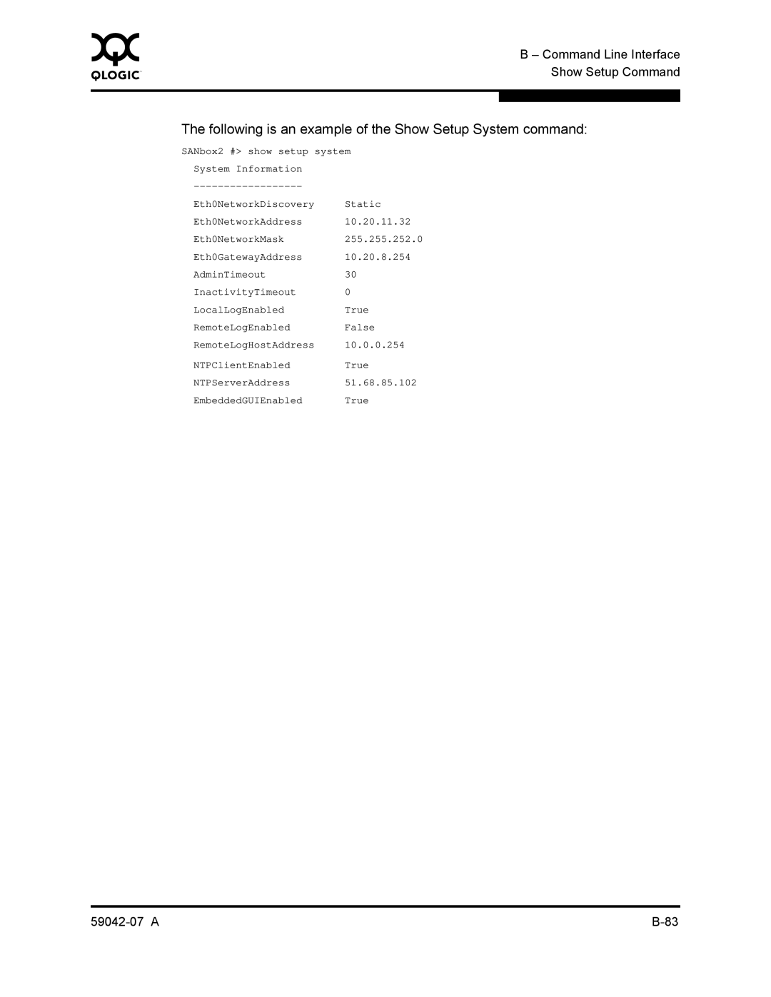 Q-Logic 59042-07 A manual Following is an example of the Show Setup System command 