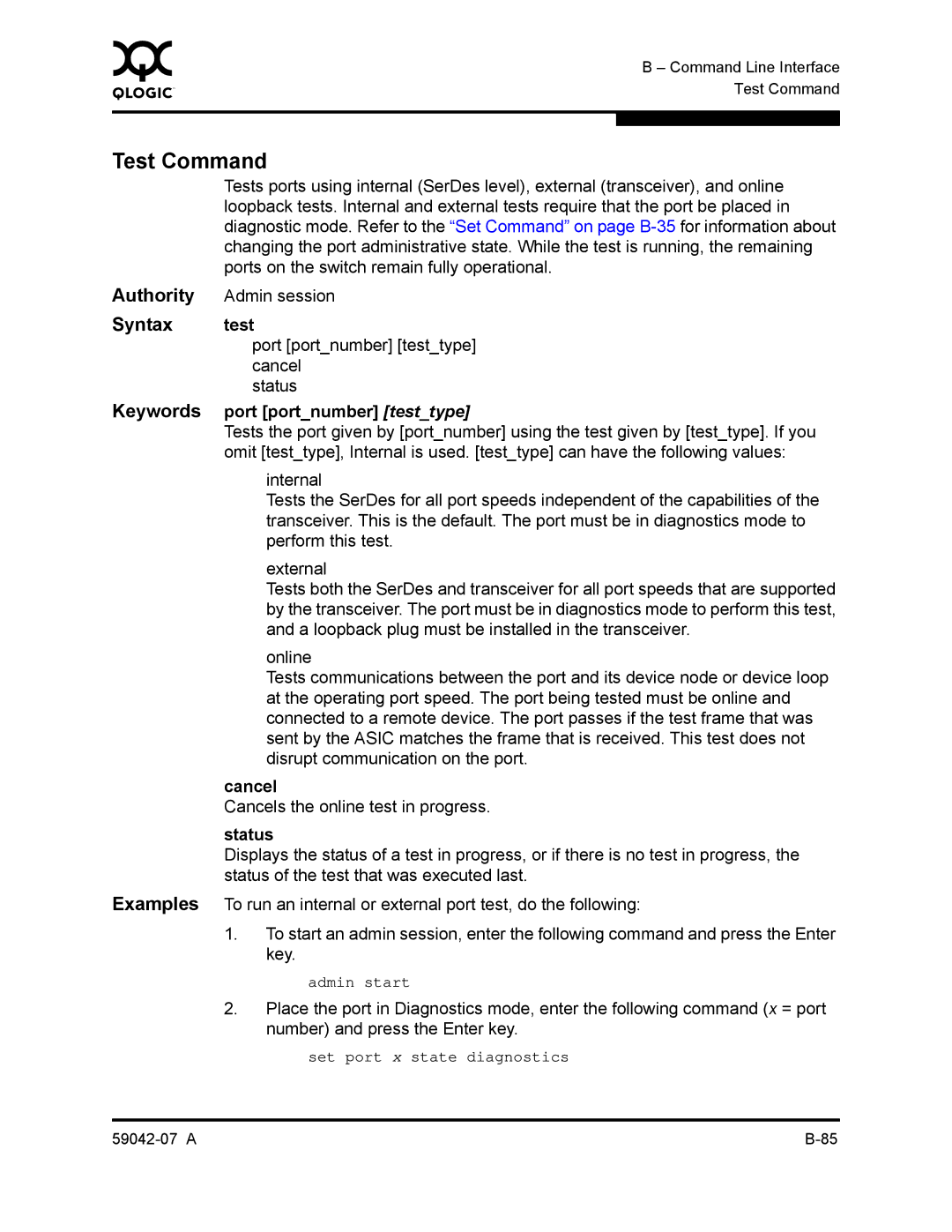 Q-Logic 59042-07 A manual Test Command, Port portnumber testtype, Status 