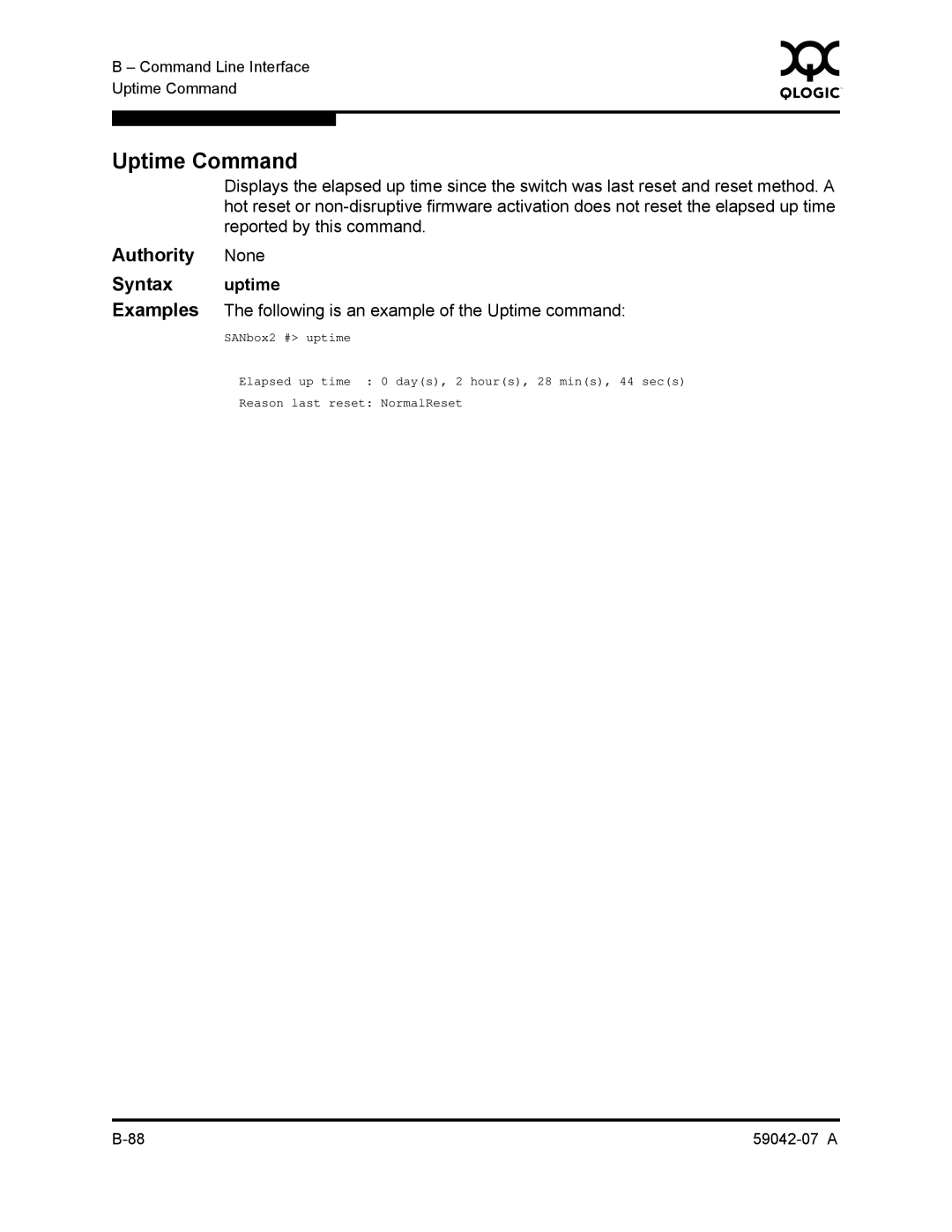 Q-Logic 59042-07 A manual Uptime Command, Authority None Syntax uptime 