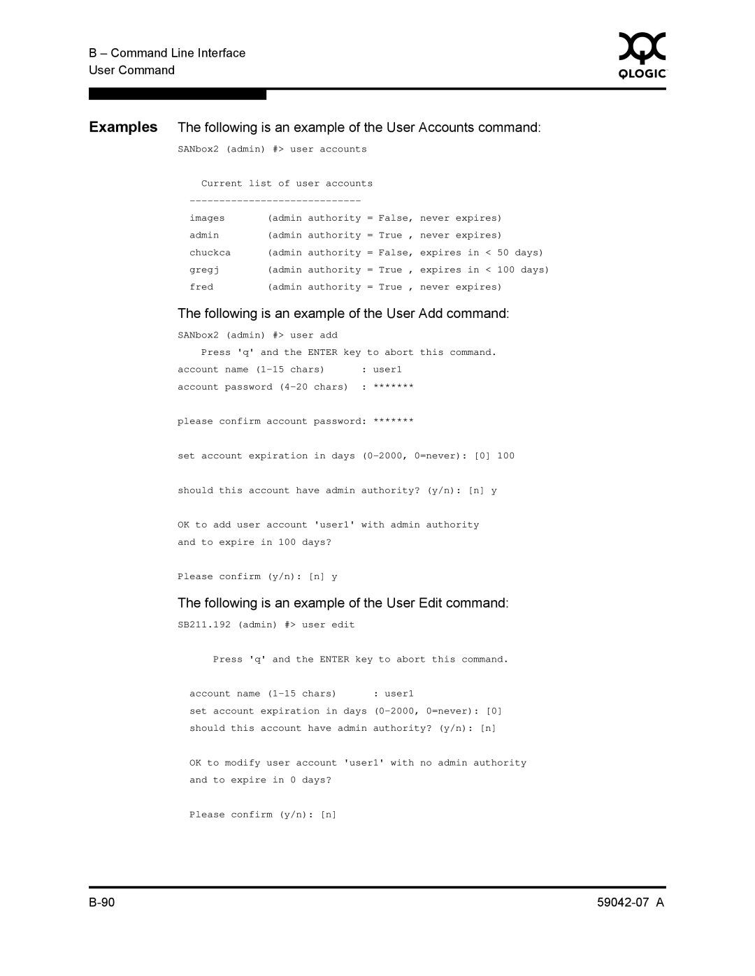 Q-Logic 59042-07 A manual Following is an example of the User Add command, Following is an example of the User Edit command 