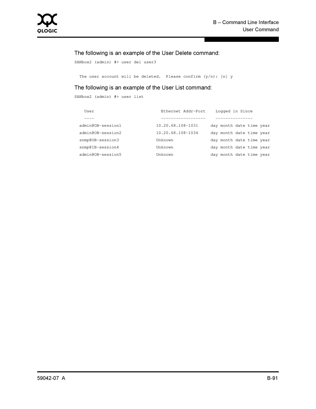 Q-Logic 59042-07 A Following is an example of the User Delete command, Following is an example of the User List command 