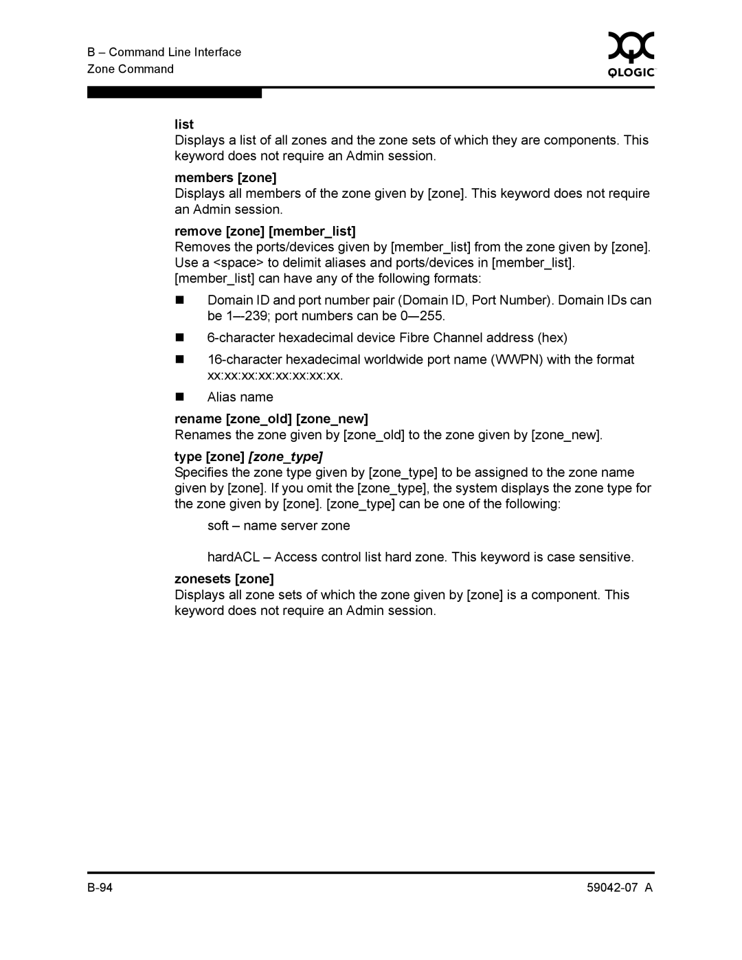 Q-Logic 59042-07 A manual Members zone, Remove zone memberlist, Rename zoneold zonenew, Type zone zonetype, Zonesets zone 