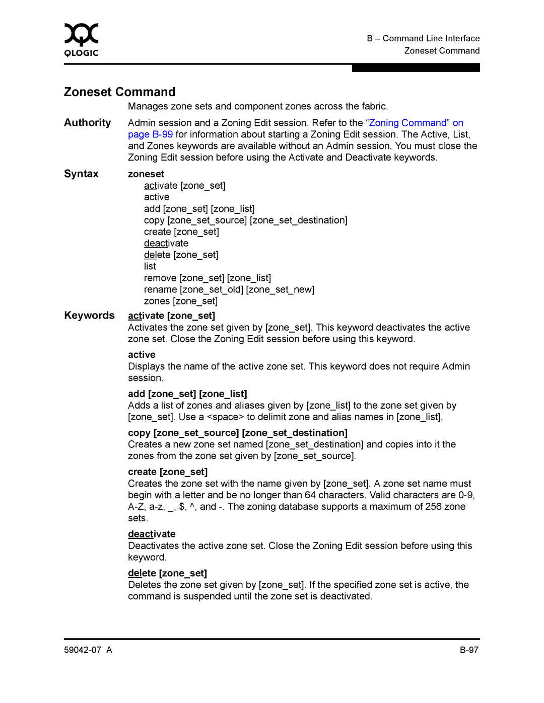 Q-Logic 59042-07 A manual Zoneset Command, Syntax zoneset 