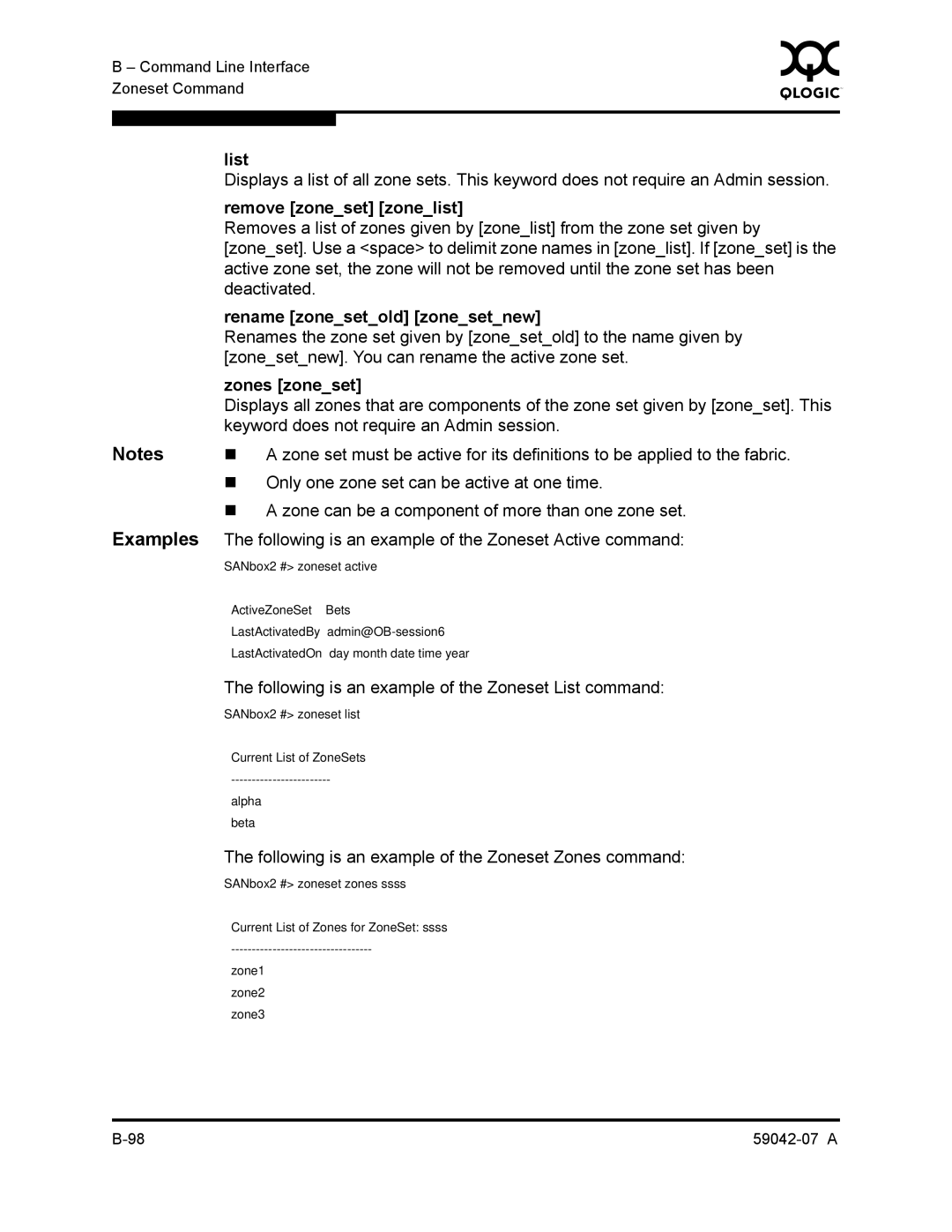 Q-Logic 59042-07 A manual Remove zoneset zonelist, Rename zonesetold zonesetnew, Zones zoneset 