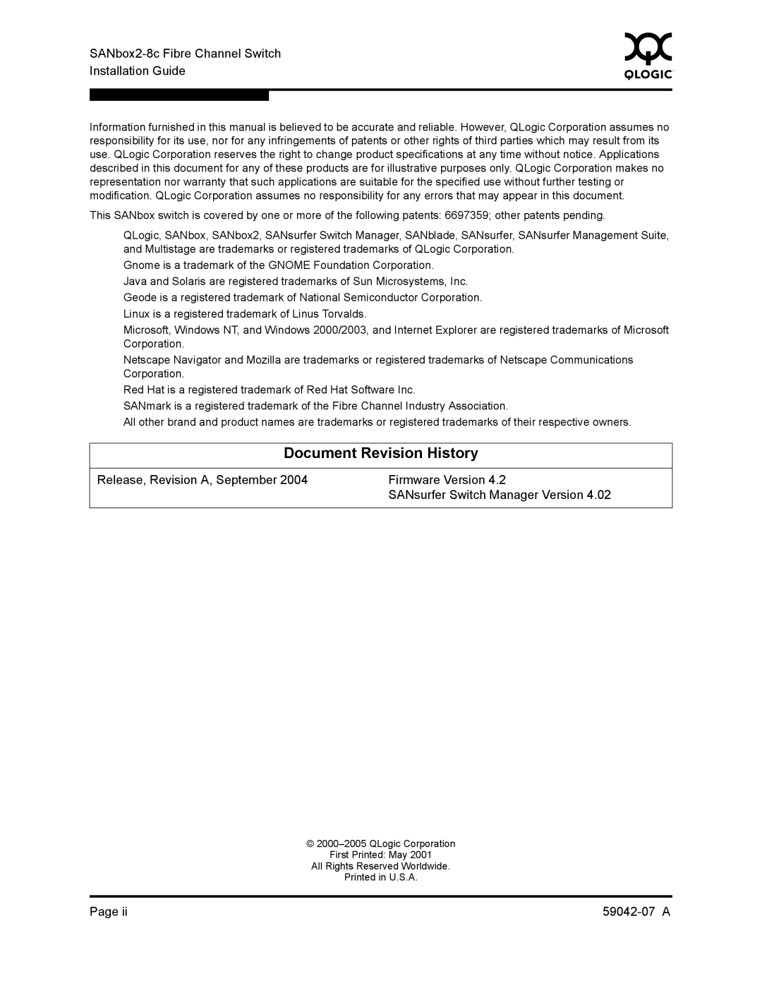 Q-Logic 59042-07 A manual Document Revision History, SANbox2-8c Fibre Channel Switch Installation Guide 