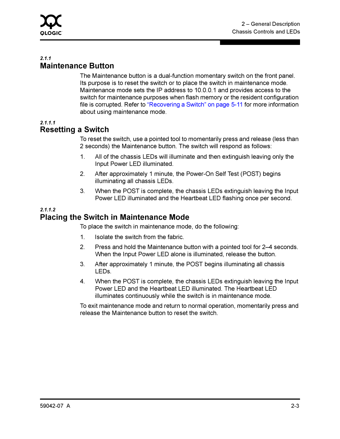 Q-Logic 59042-07 A manual Maintenance Button, Resetting a Switch, Placing the Switch in Maintenance Mode 