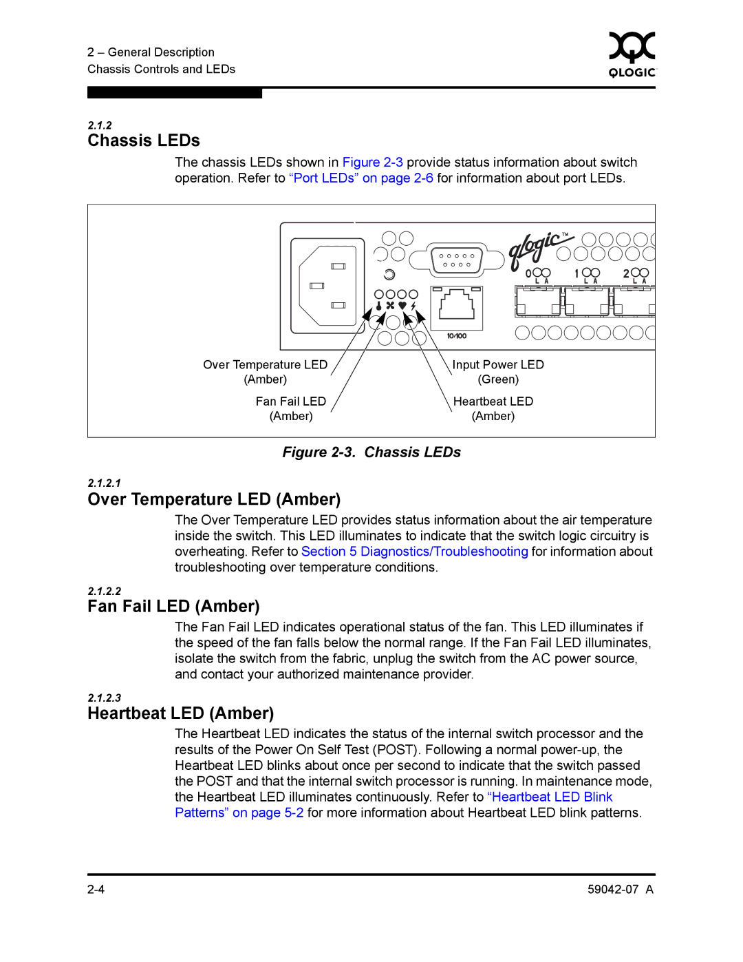 Q-Logic 59042-07 A manual Chassis LEDs, Over Temperature LED Amber, Fan Fail LED Amber, Heartbeat LED Amber 