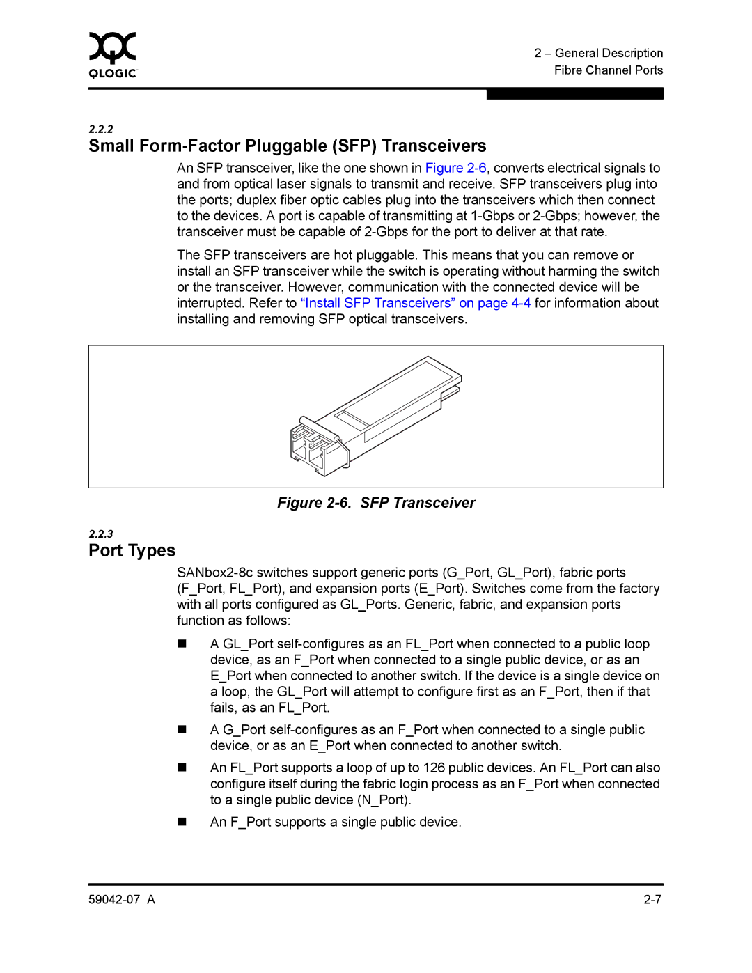 Q-Logic 59042-07 A manual Small Form-Factor Pluggable SFP Transceivers, Port Types 