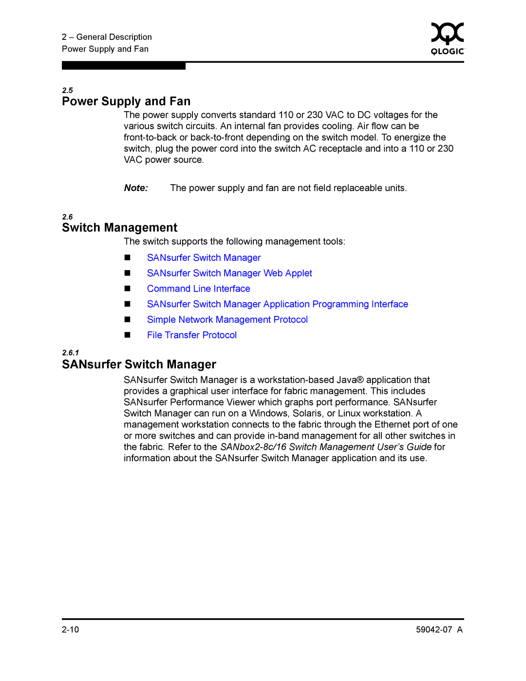 Q-Logic 59042-07 A manual Power Supply and Fan, Switch Management, SANsurfer Switch Manager 