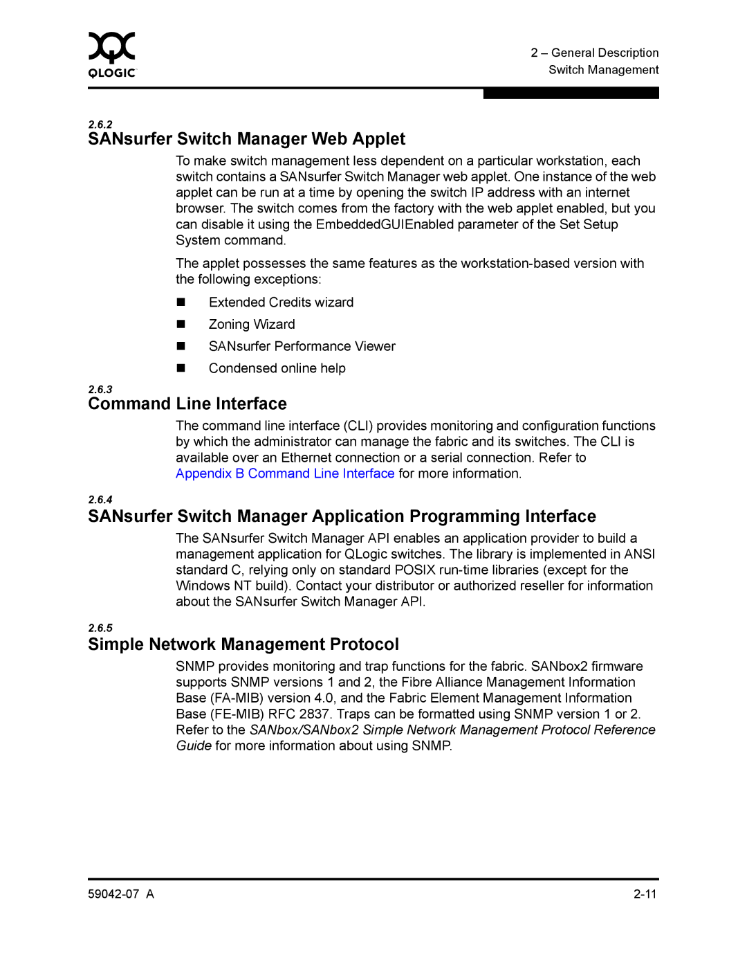 Q-Logic 59042-07 A manual SANsurfer Switch Manager Web Applet, Command Line Interface, Simple Network Management Protocol 