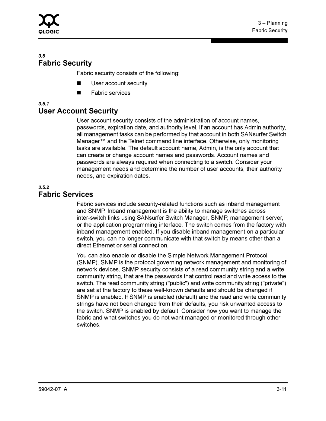 Q-Logic 59042-07 A manual Fabric Security, User Account Security, Fabric Services 