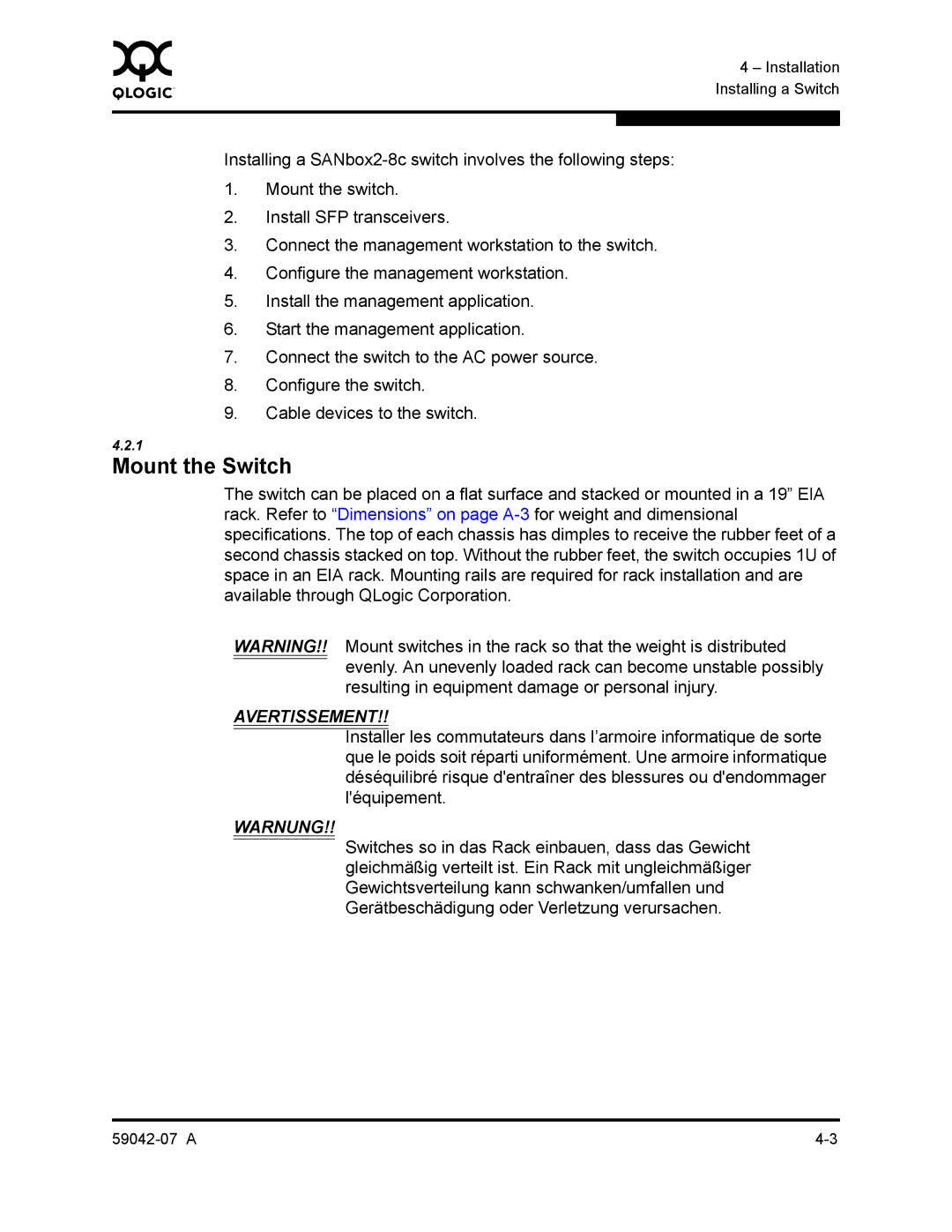 Q-Logic 59042-07 A manual Mount the Switch, Avertissement 