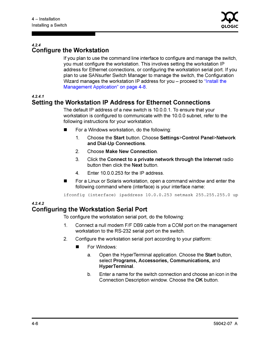 Q-Logic 59042-07 A manual Configure the Workstation, Setting the Workstation IP Address for Ethernet Connections 