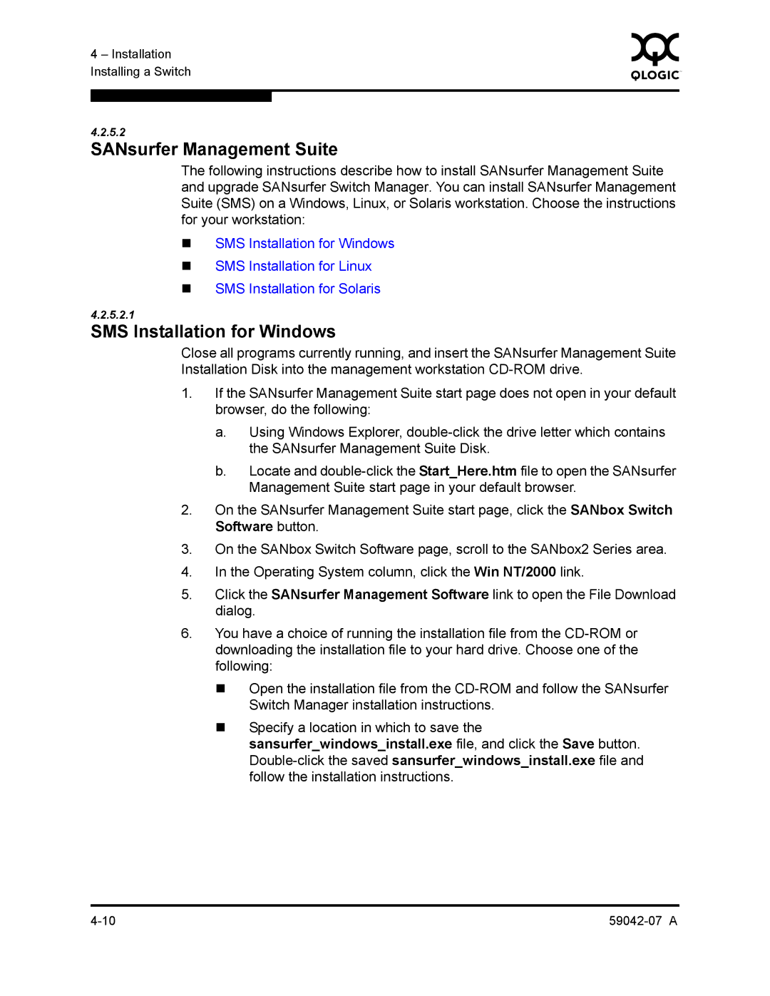 Q-Logic 59042-07 A manual SANsurfer Management Suite, SMS Installation for Windows 