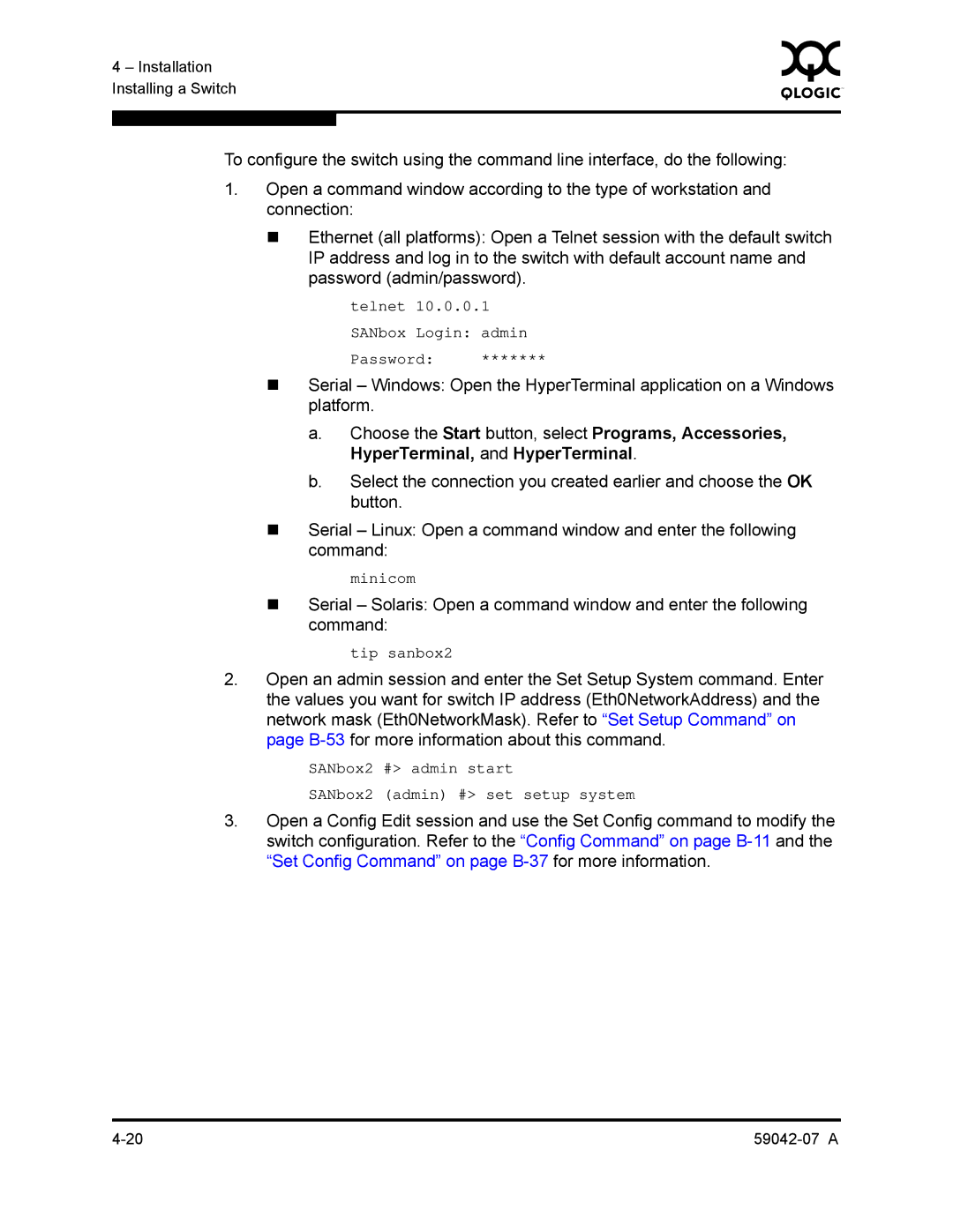 Q-Logic 59042-07 A manual Telnet SANbox Login admin Password 