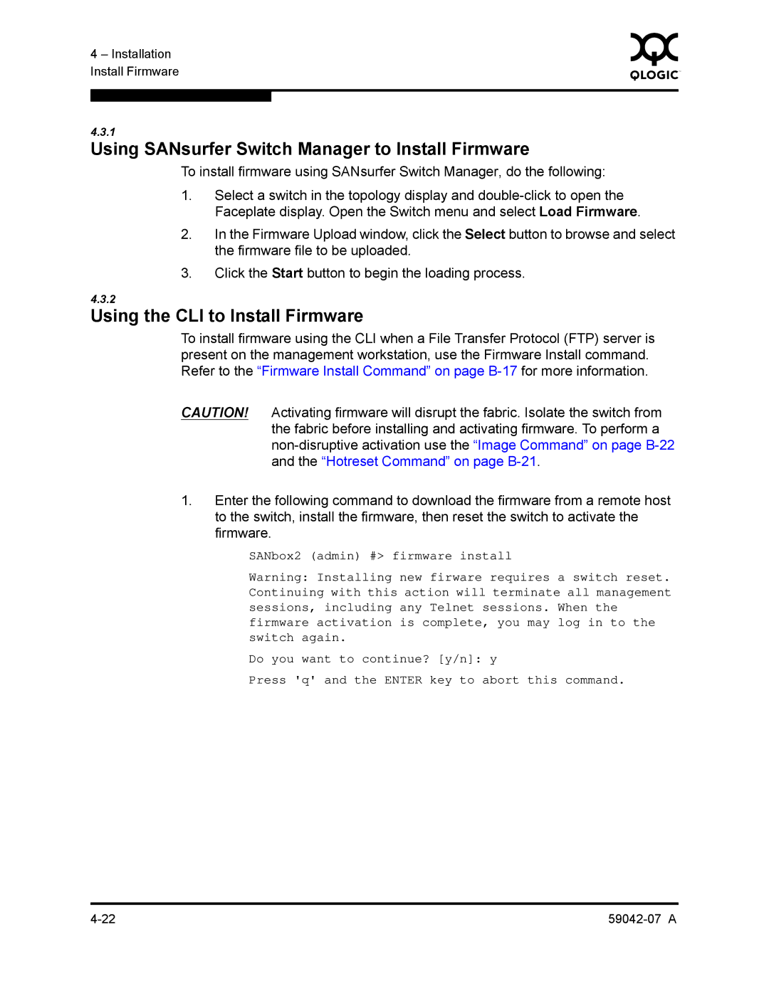 Q-Logic 59042-07 A manual Using SANsurfer Switch Manager to Install Firmware, Using the CLI to Install Firmware 