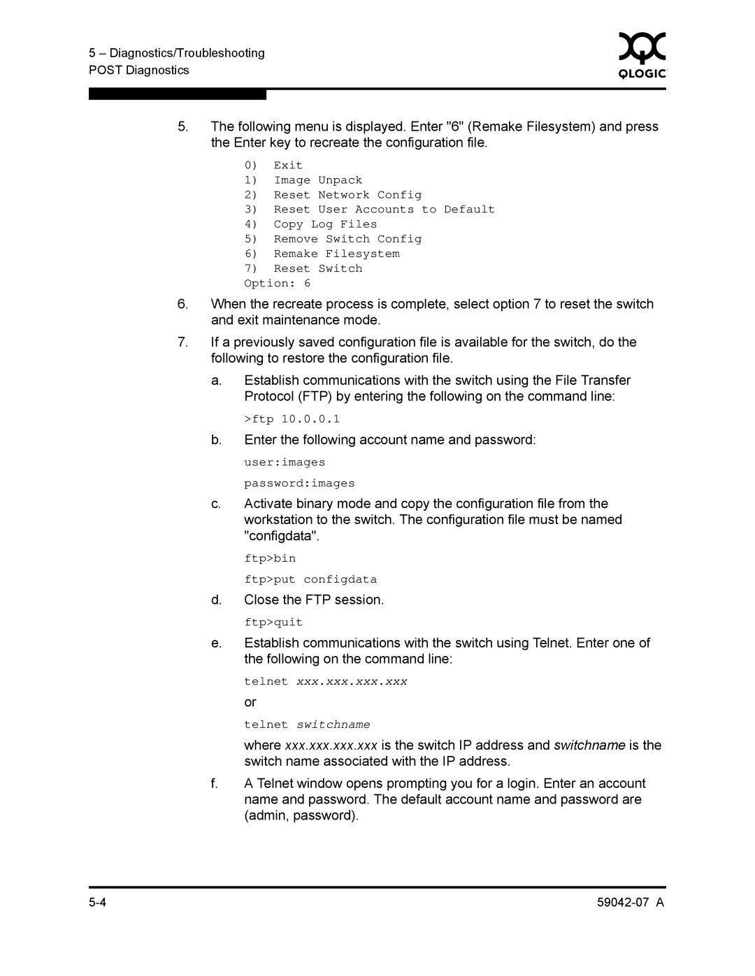 Q-Logic 59042-07 A manual Telnet xxx.xxx.xxx.xxx or Telnet switchname 