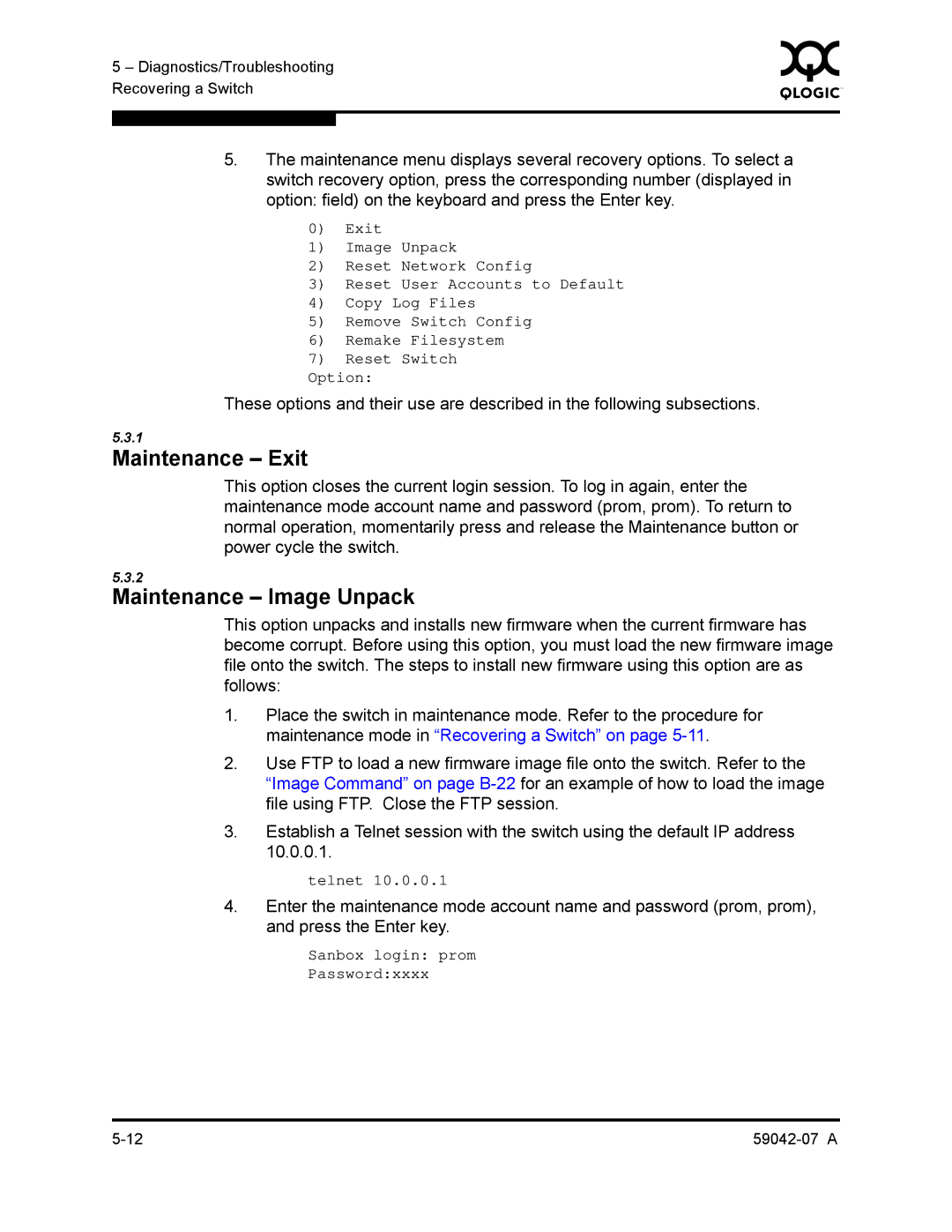 Q-Logic 59042-07 A manual Maintenance Exit, Maintenance Image Unpack 