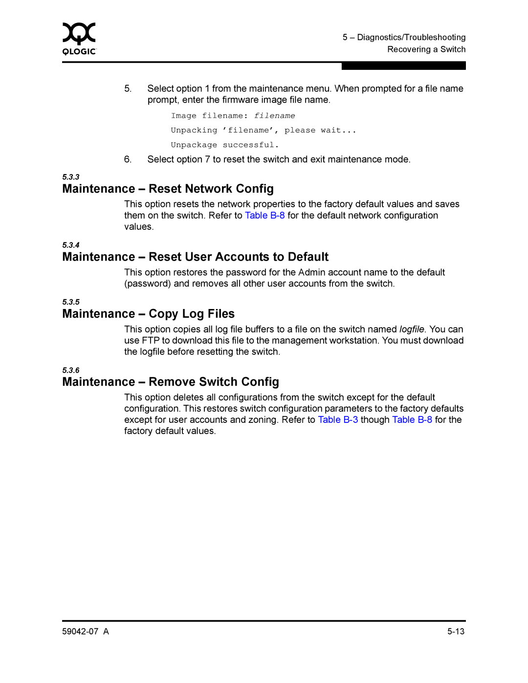 Q-Logic 59042-07 A manual Maintenance Reset Network Config, Maintenance Reset User Accounts to Default 