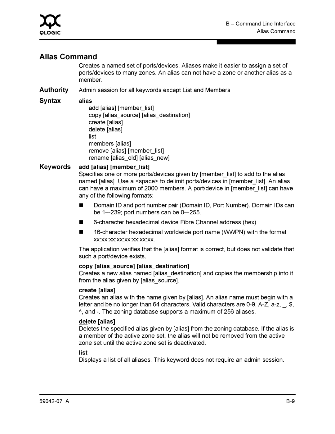 Q-Logic 59042-07 A manual Alias Command, Syntax alias 