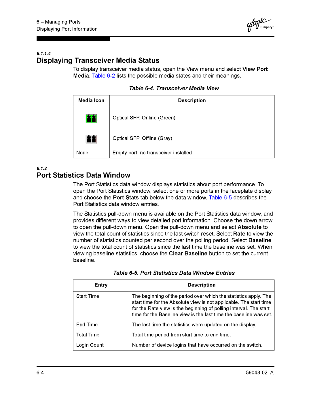 Q-Logic 59048-02 A manual Displaying Transceiver Media Status, Transceiver Media View, Port Statistics Data Window Entries 