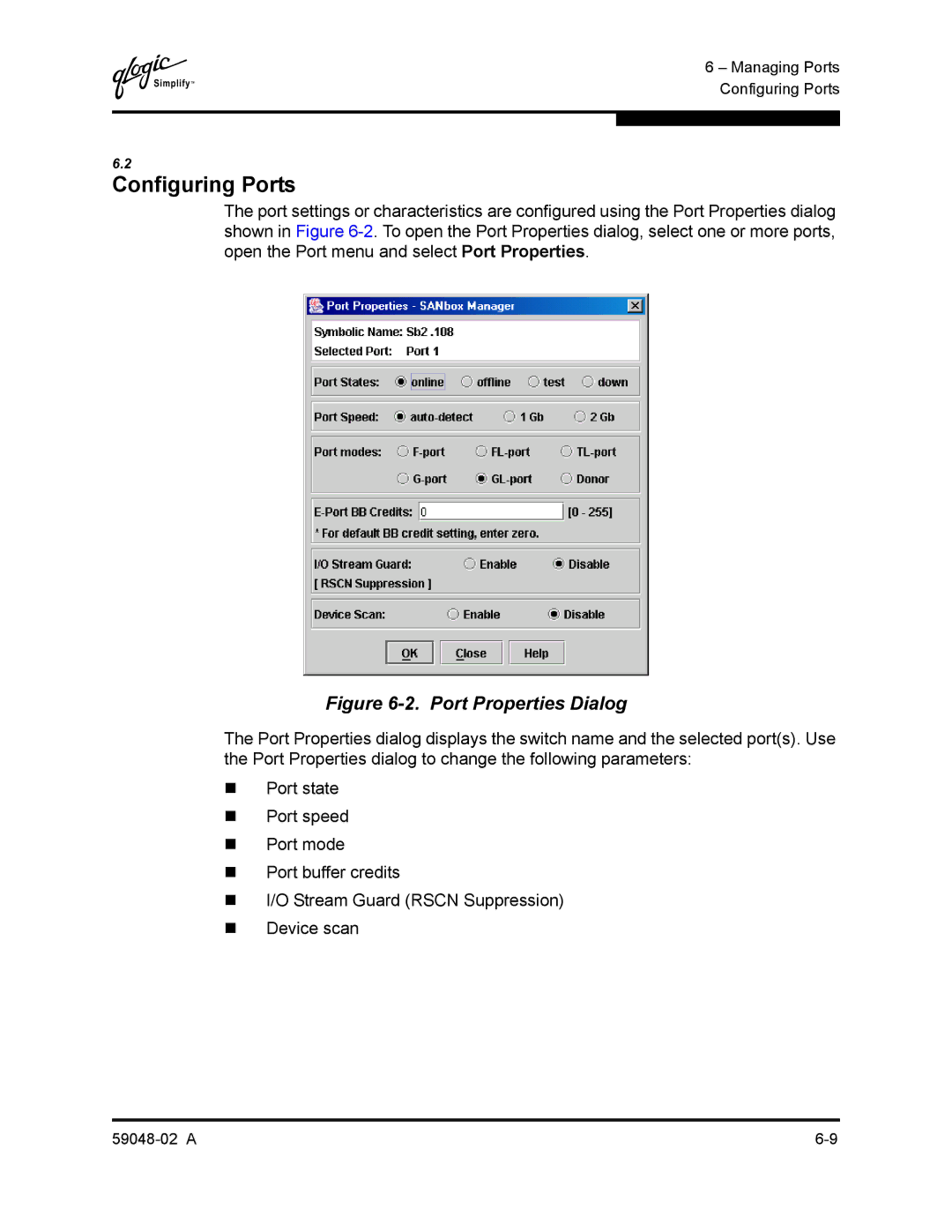 Q-Logic 59048-02 A manual Configuring Ports, Port Properties Dialog 