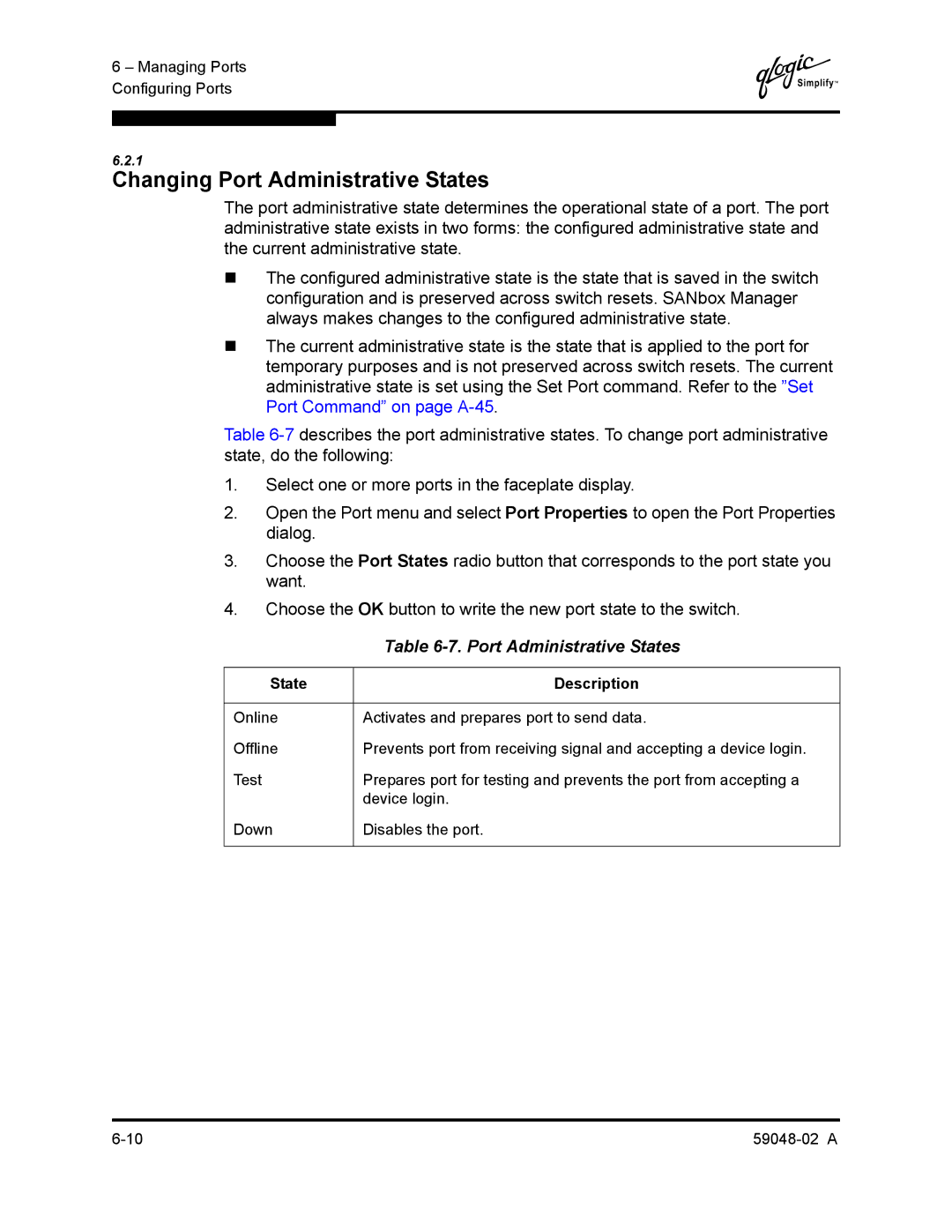 Q-Logic 59048-02 A manual Changing Port Administrative States 